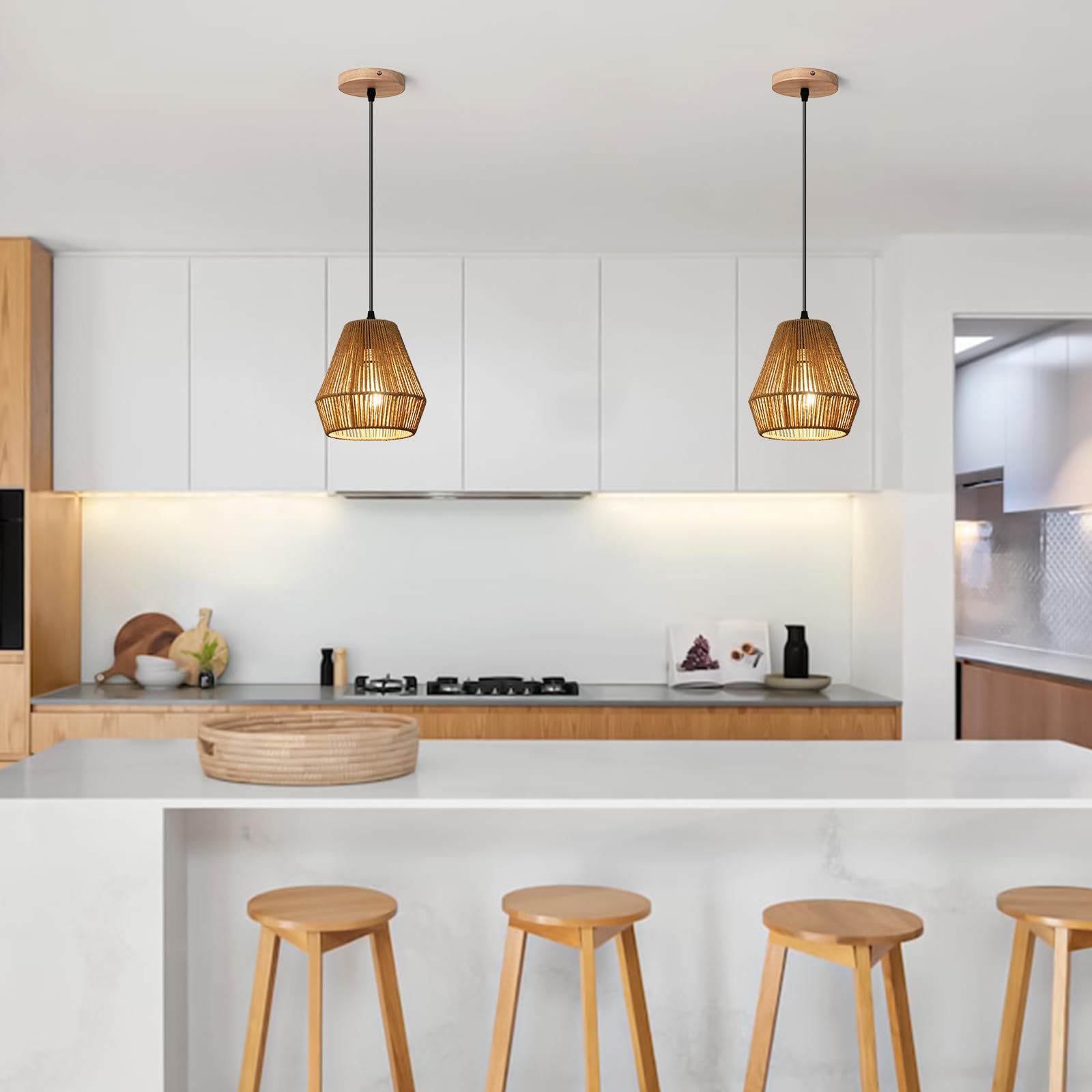 Wbindx Woven Rattan Pendant Light Fixture, 7'' Mini Boho Pendant Lights Kitchen Island 2 Pack Farmhouse Natural Hanging Pendant