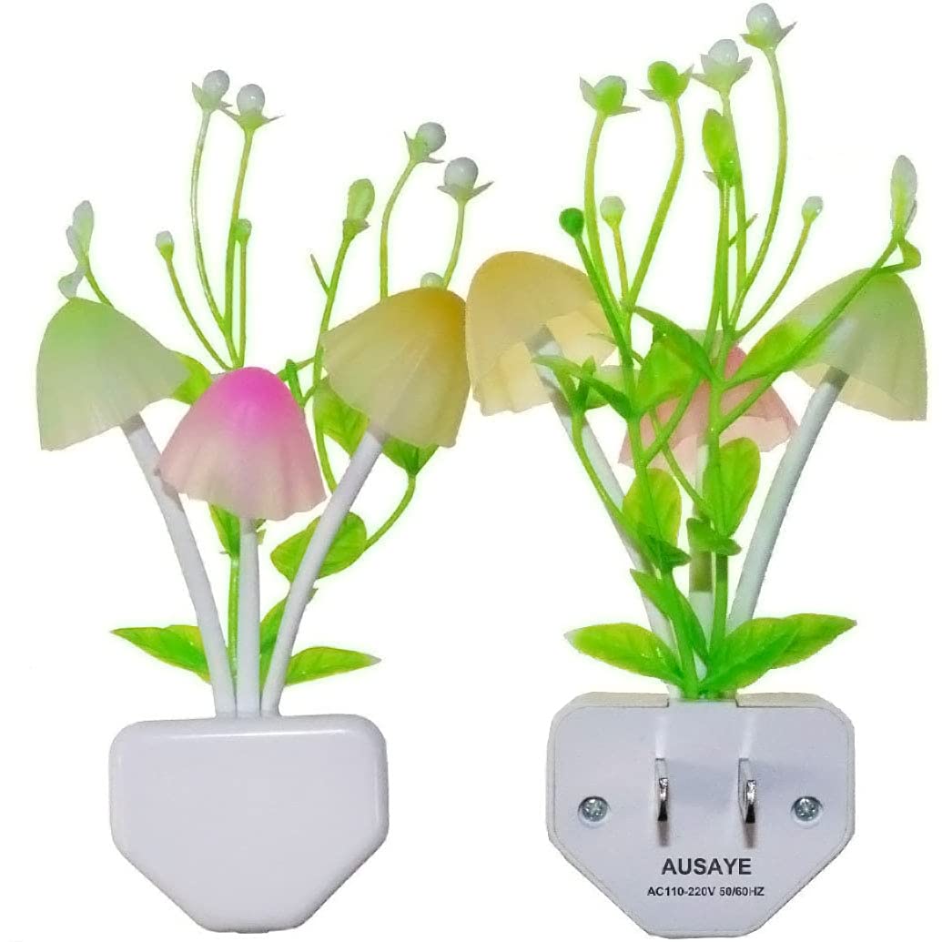 AUSAYE LED Sensor Night Light 2 Pack - Cute Mushroom Design, Green Plant Leaf Style, Plastic, Ideal for Kids and mature-themeds, Bedroom, Toilet, Bathroom