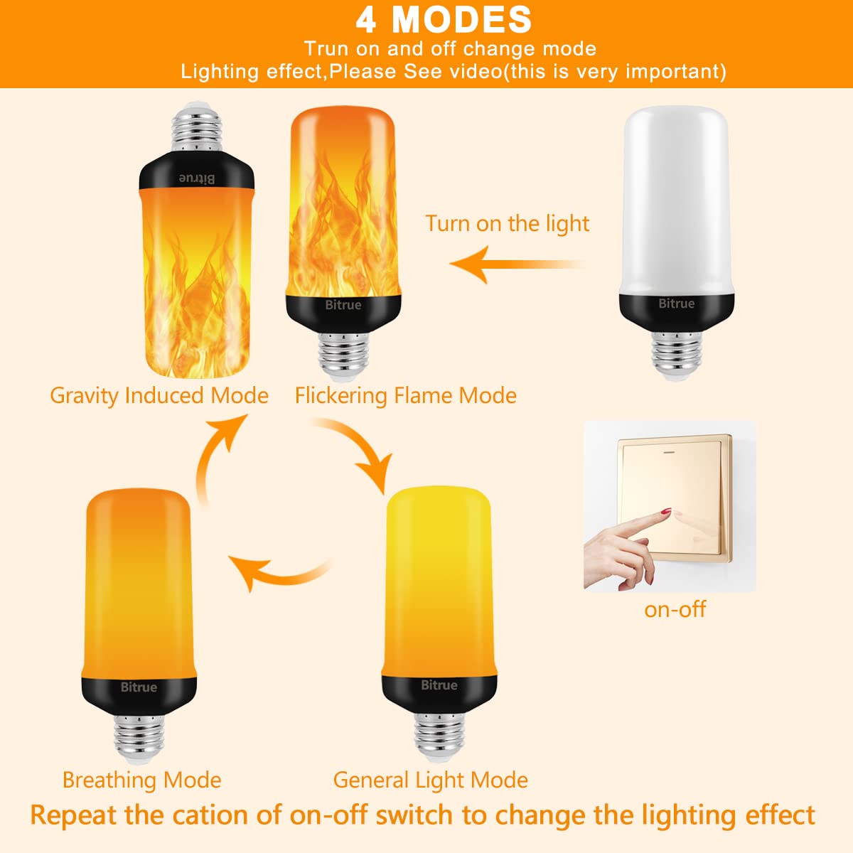 Bitrue Led Flame Effect Light Bulb, E26 Base, 4 Modes, 2 Pack For Halloween & Christmas Decor