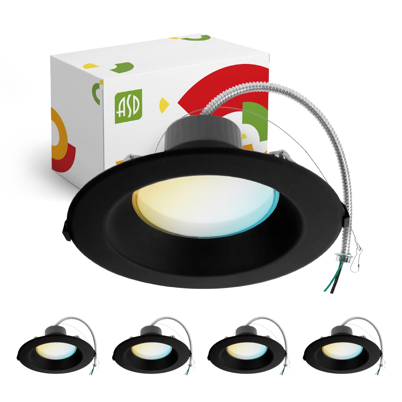 ASD 8 Inch Canless LED Downlight, Dimmable, Power Adjustable 12/20/30W, 5 Color Temps, 4 Pack, Black, Aluminum Housing