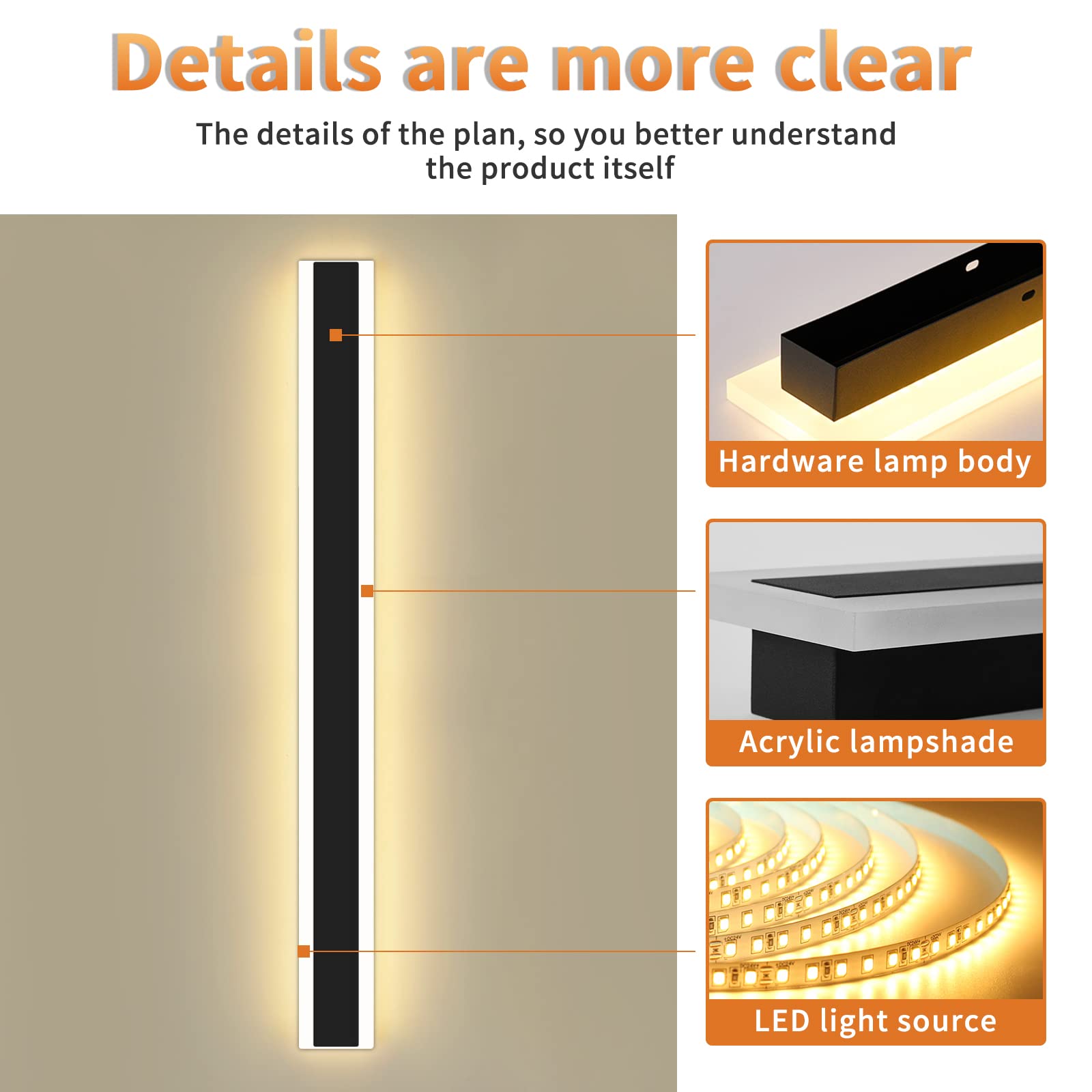 Modern 23.6Inch Outdoor Wall Light  3000K Black Acrylic Exterior Lighting Fixtures Wall Mount  Ip65 Waterproof Modern Porch Lights Outdoor Wall Sconce  Led Long Outdoor Lights For House Hard-Wired
