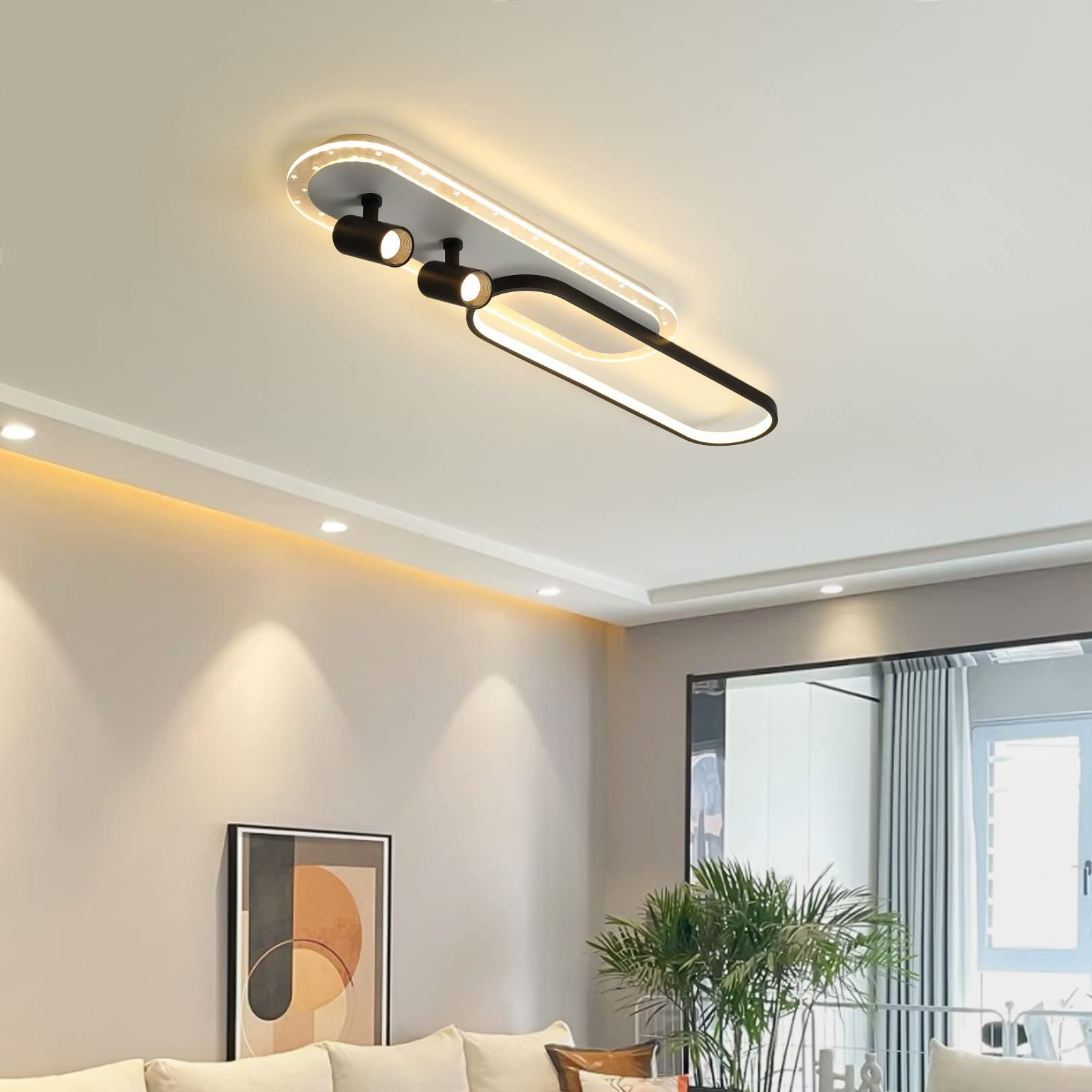 Tioolo Modern Ceiling Lamp, Led Linear Ceiling Light Fixture, 45W Dimmable Ceiling Light With Remote, Acrylic Flush Mount Chandelier Ceiling Lighting For Kitchen Dining Room Bedroom Corridor