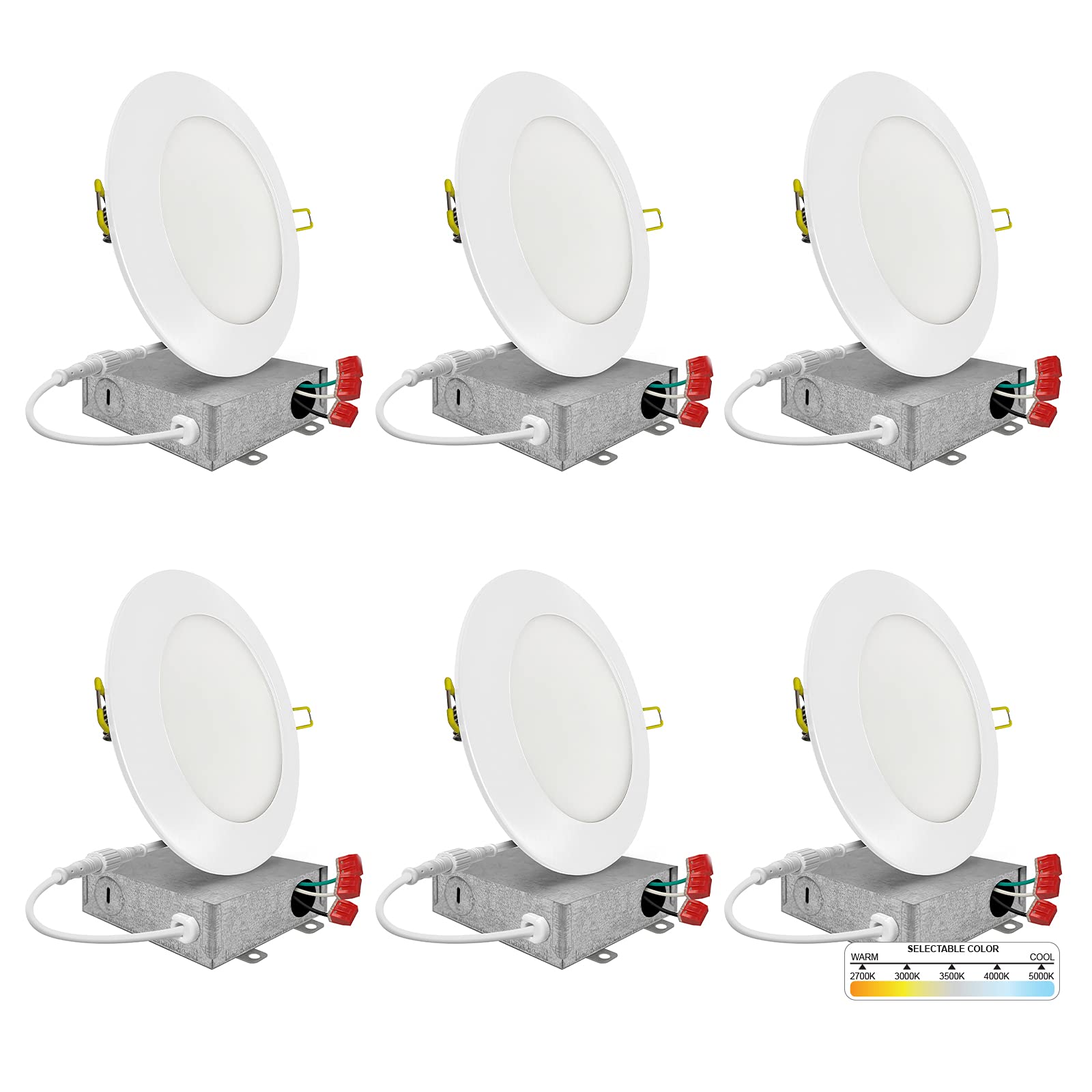 Nuwatt 6 Pack, 4 Inch Ultra-Thin Led Recessed Lighting, 5Cct 2700K/3000K/3500K/4000K/5000K Selectable, 630Lm, 9W, Ic Rated, Dimmable Slim Panel Light, White Trim Canless Wafer With Junction Box, Etl
