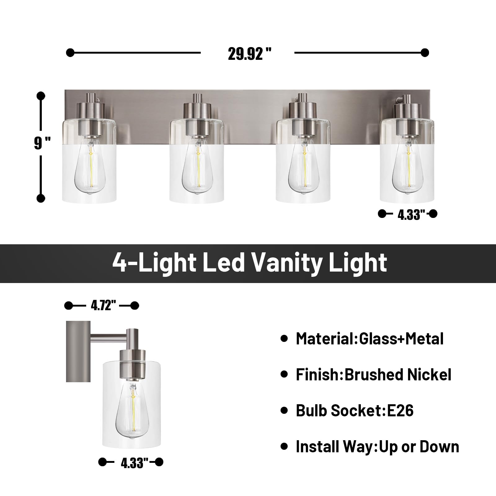 Chosenior 4-Light Bathroom Vanity Light Fixture, Brushed Nickel, Metal, Modern Design for Kitchen, Bedroom, Living Room