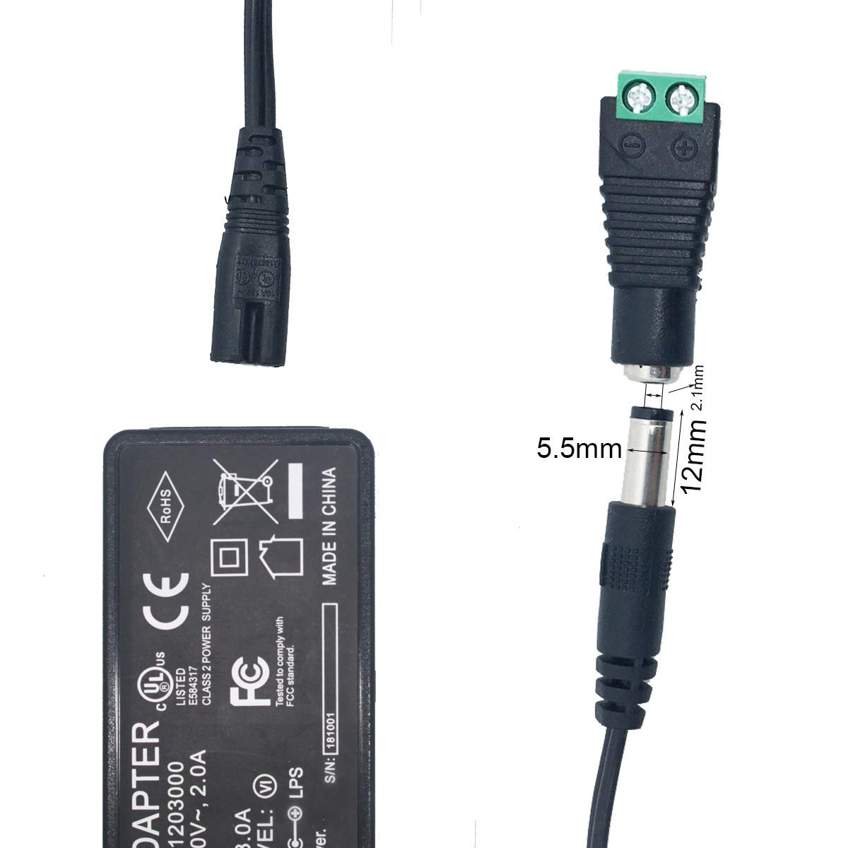 Litever 12V DC Power Supply Adapter, 3A, 36W, LED Transformer, Black, Model LL-12V-3A, Perfect for LED Light Strips