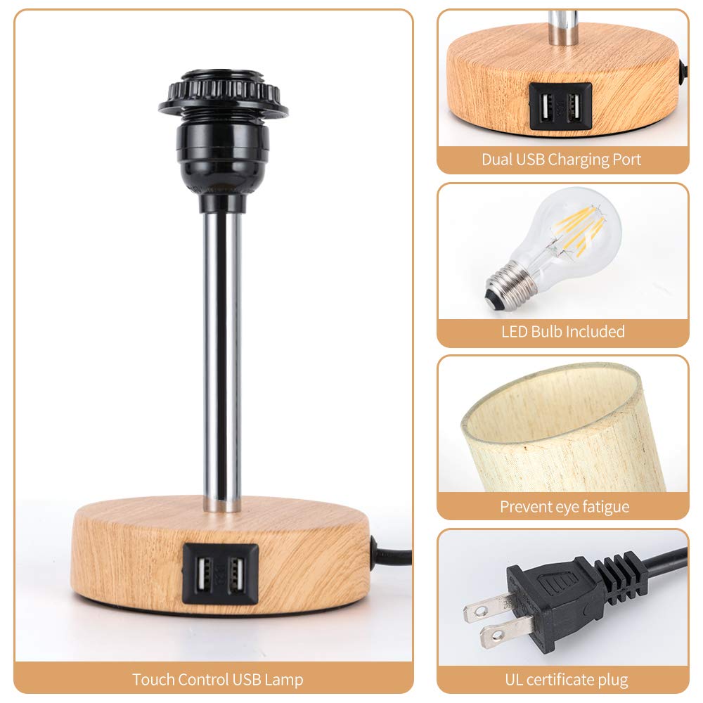 Yarra-Decor USB Bedside Table Lamp - Touch Control, 3-Way Dimmable, Round Flaxen Shade, Bedroom & Home Office, Model Q9