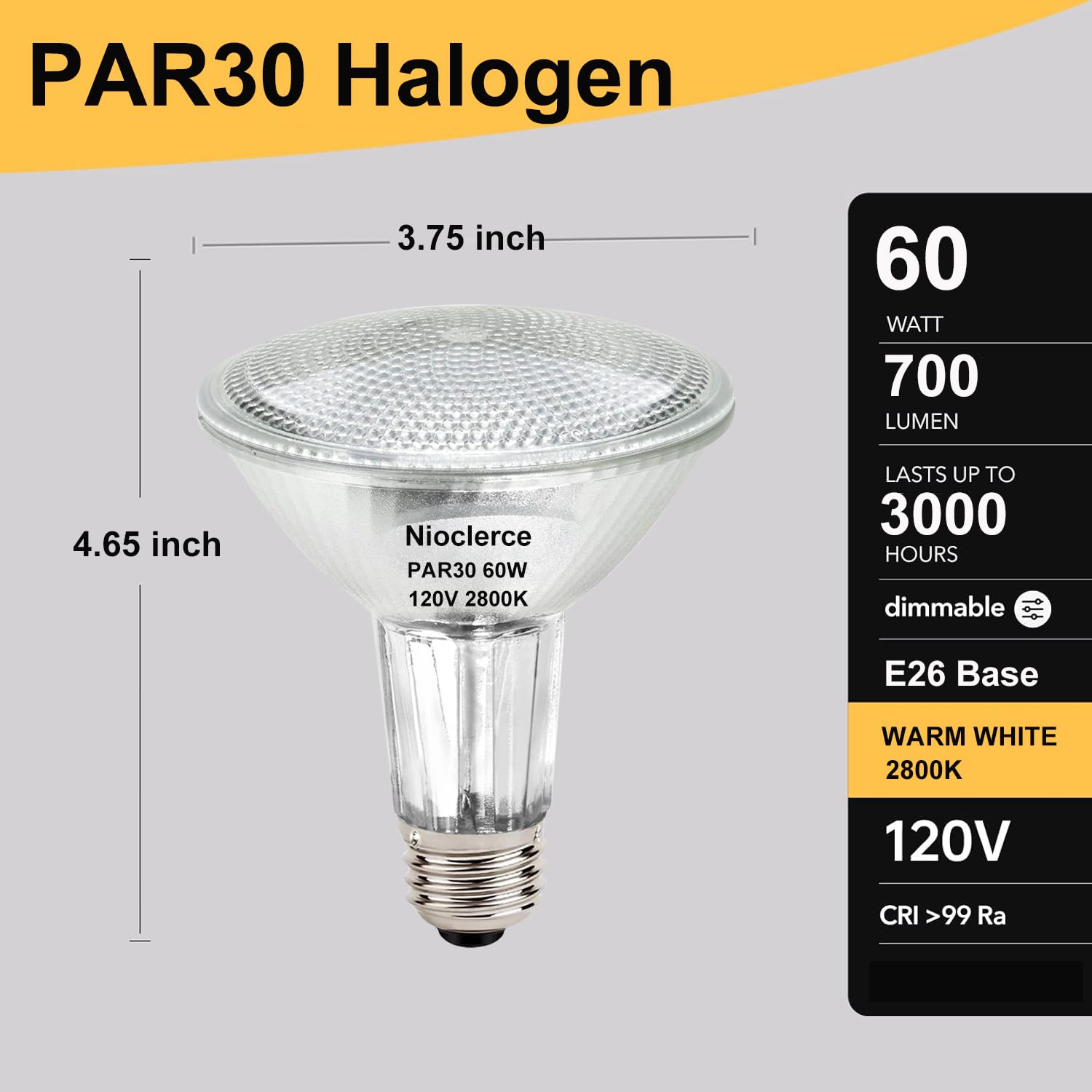 Nioclerce Halogen Par30 Long Neck 60W 120V 700Lm, 2 Pack High Output Halogen Par30 Dimmable 2800K Warm White With E26 Base, Long