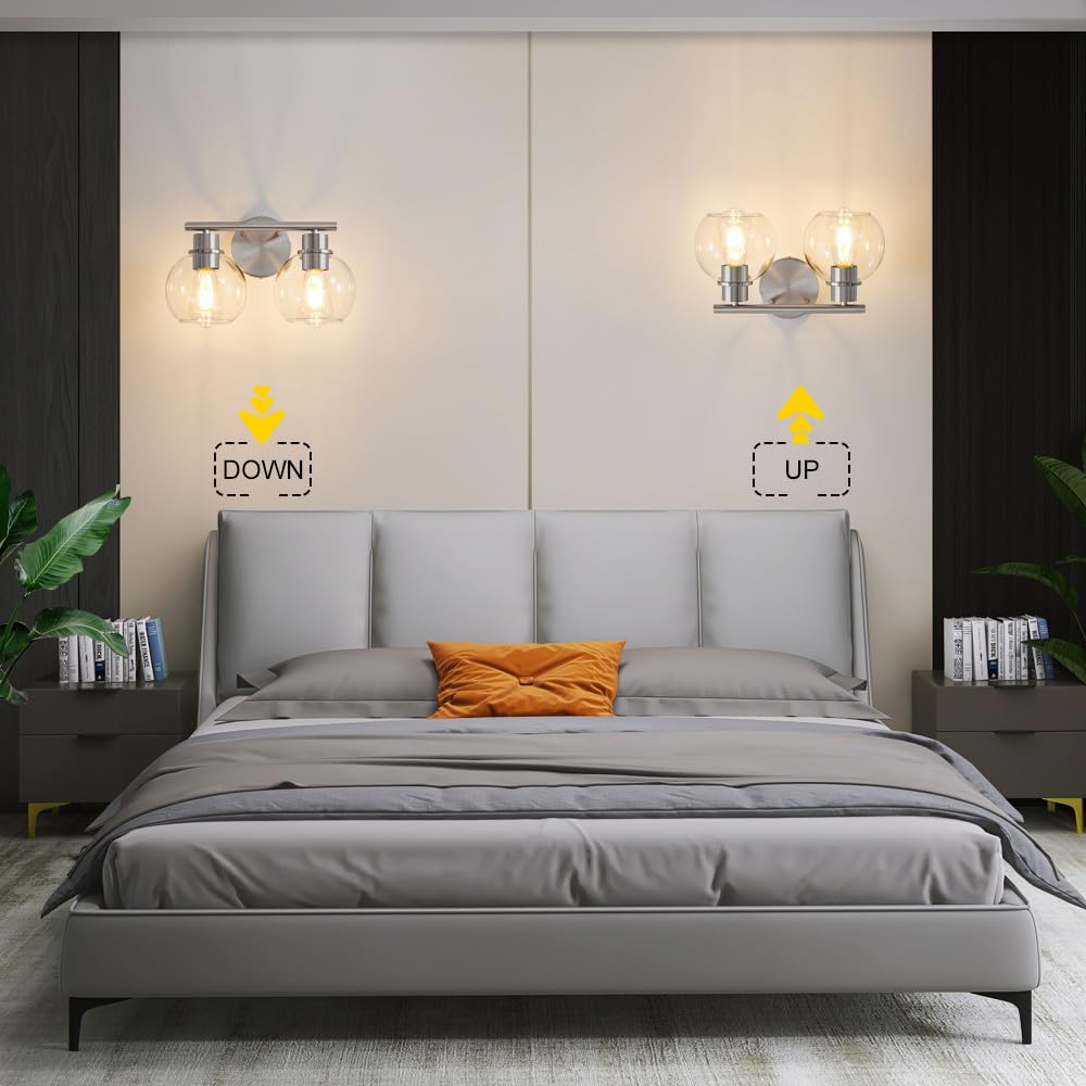 Lanmate Bathroom Light Fixtures Over Mirror 2-Lights Bathroom Vanity Light With Clear Glass Shade 13.8 Inch Modern Brushed Nicke