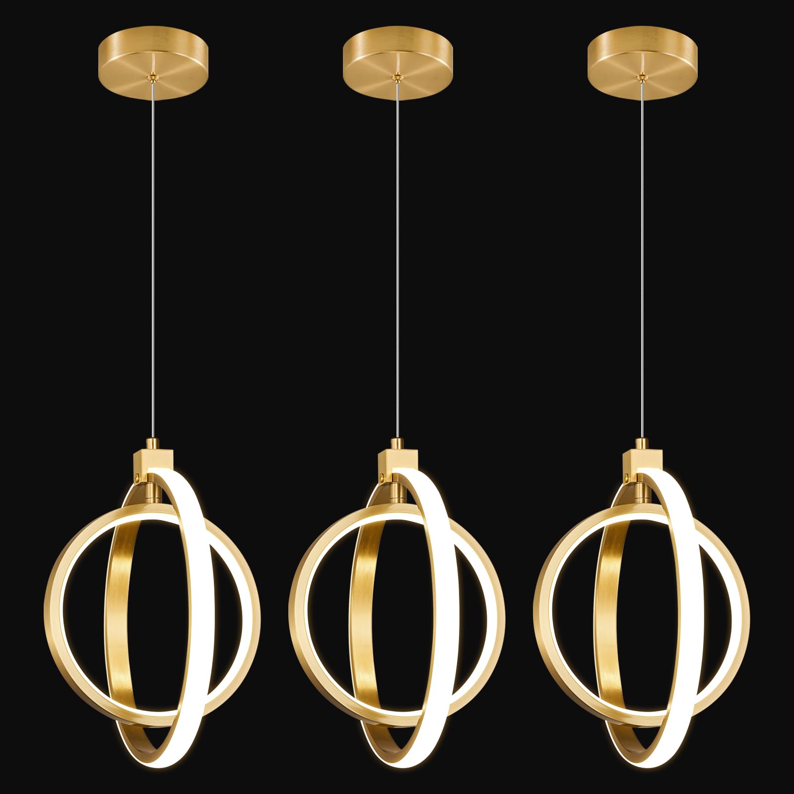 Bnhhlz Modern Led Chandelier Gold Ring Pendant Light Fixtures 4000K Dimmable Height Adjustable Pendant Lighting For Dining Room Kitchen Island Bedroom Living Room Foyer(3-Pack)