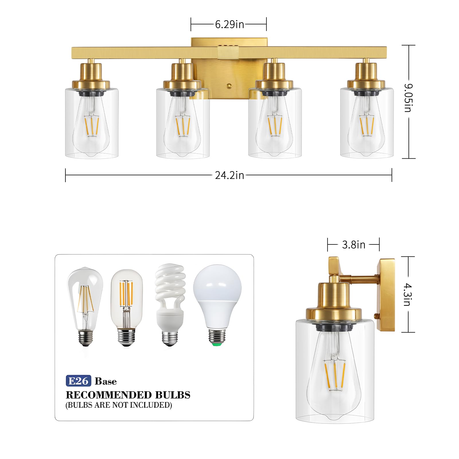 Dikaida Bathroom Vanity Light, 4-Light Modern Matte Gold Wall Sconce Lighting With Clear Glass Shade, Black Wall Lights,Bath Vin