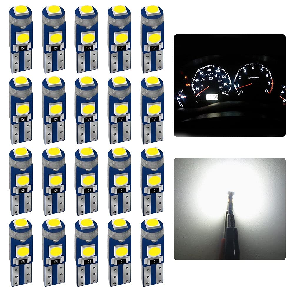 Auxlight 20 Piece T5 Led Bulbs Dashboard Lights 3030 Chipsets 74 37 27 17 2721 Replacements For Interior Dome Door Instrument Panel Cluster Light, 6000K White