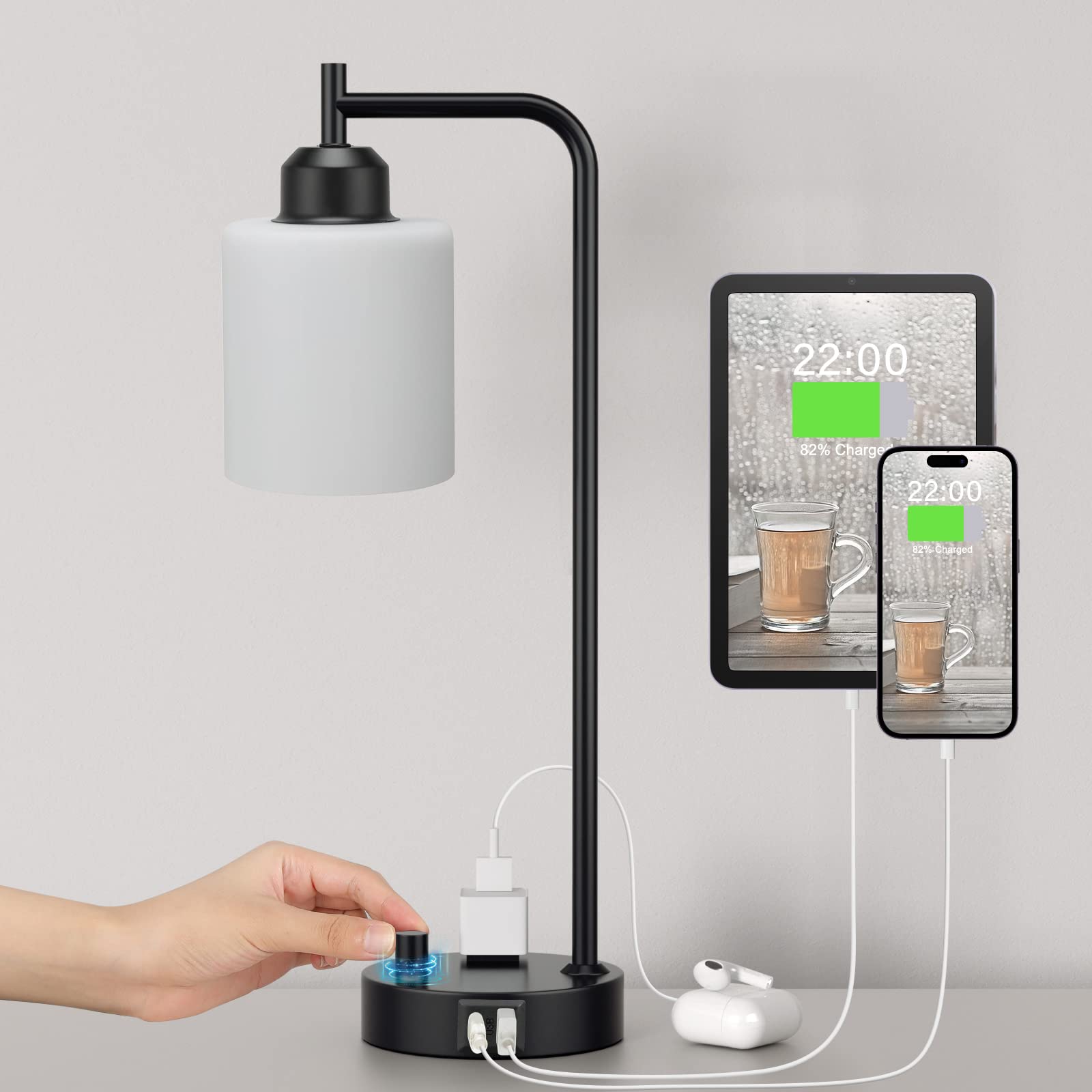 Industrial Bedroom Table Lamps for Bedside - White Opal Glass Shade Desk Lamps with USB C Port, Fully Dimmable Black Lamps with 