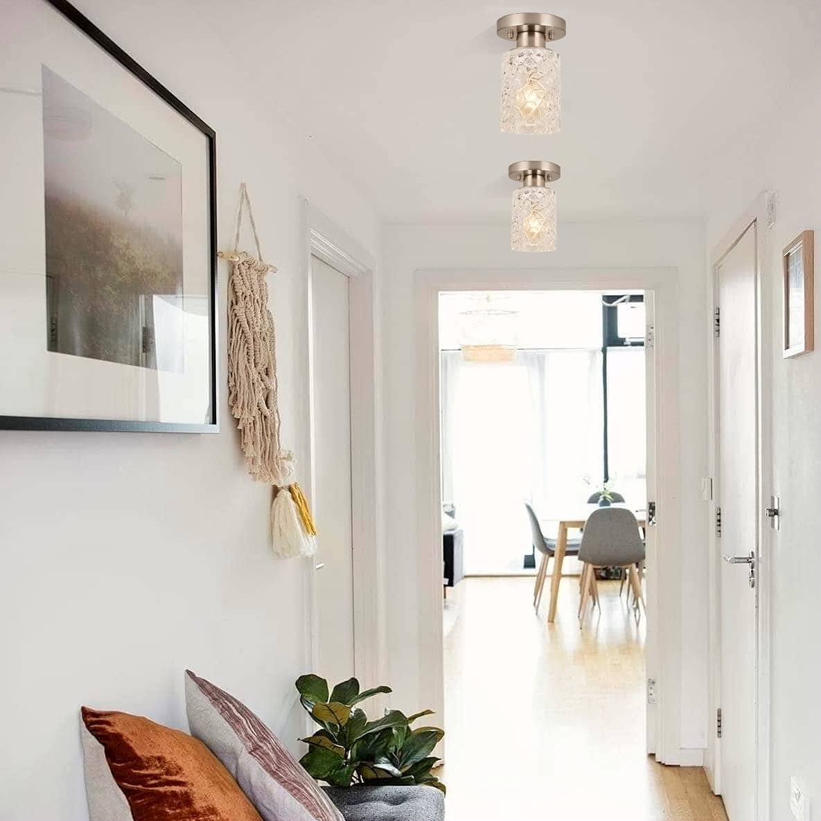 Alice House 2 Pack Semi Flush Mount Ceiling Light, Clear Geometric Glass Shade, Brushed Nickel Farmhouse Light Fixture For Hallw