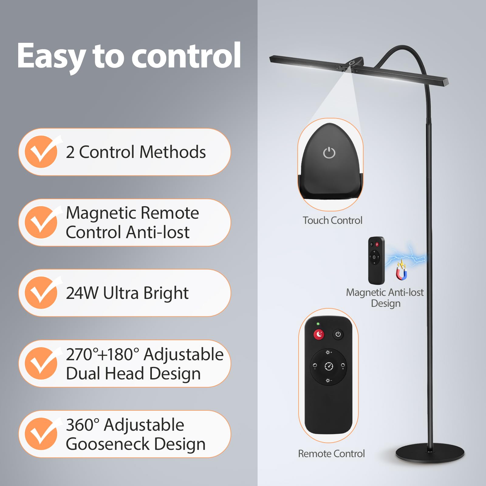 Starmoitic Led Floor Lamp, 24W 2400Lm Tall Reading Lamp, Floor Standing Office Task Lamp, Double Head Lash Light, Adjustable Gooseneck Craft Light, Dimmable Tattoo Light, Puzzle Lamp For Living Room