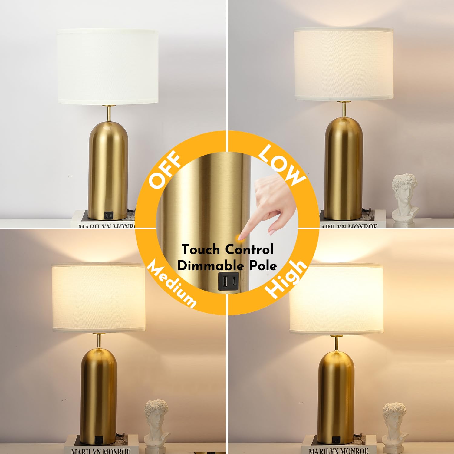 MoMyofdy Gold Table Lamps Set of 2 Touch Control 3-Way Dimmable 22IN USB Ports Modern Bedroom Nightstand Lamps QL5067-L