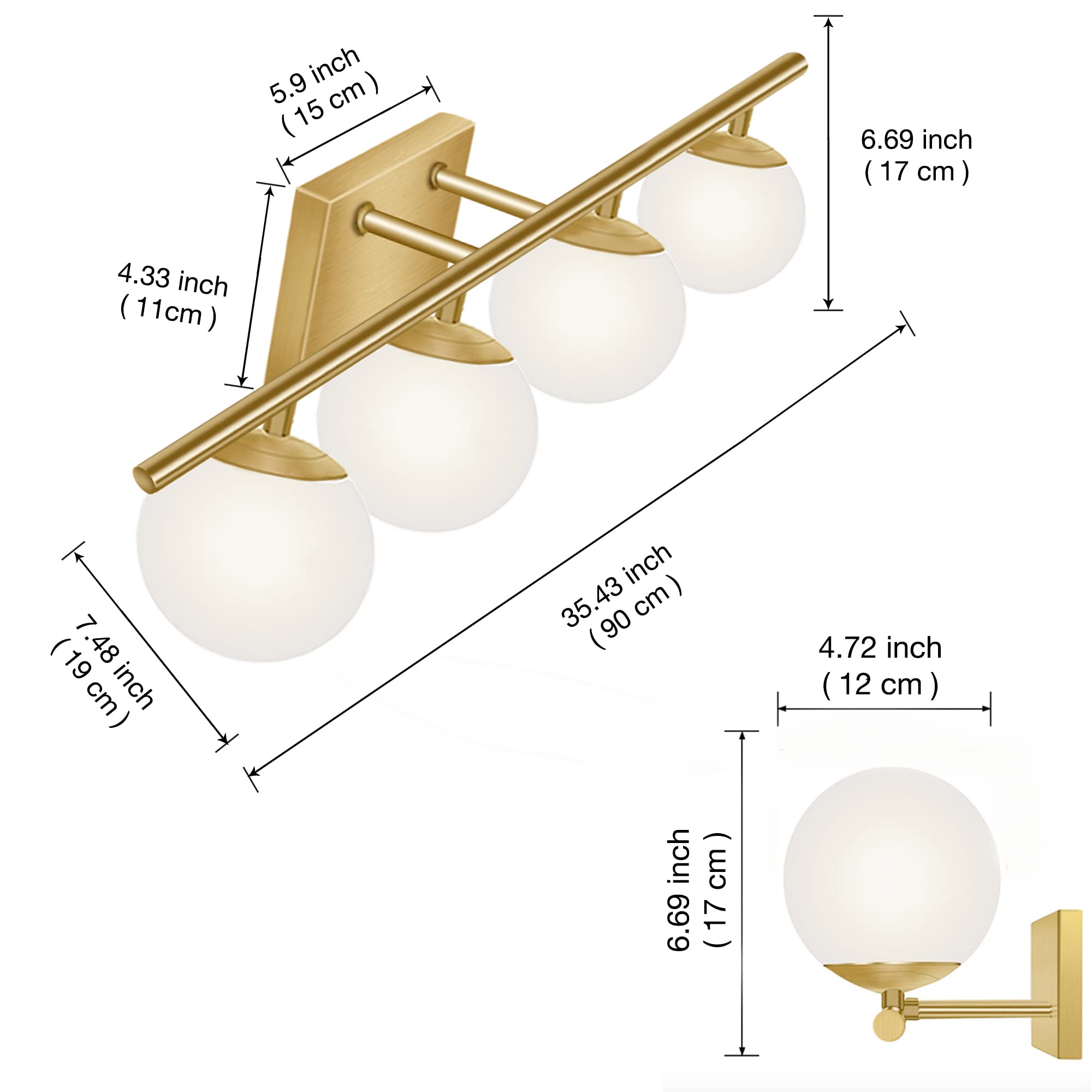 YHTlaeh New Bathroom Vanity Light Fixtures Brushed Brass Milk White Globe Glass Shade 4 Lights Modern Wall Bar Sconce Over Mirro