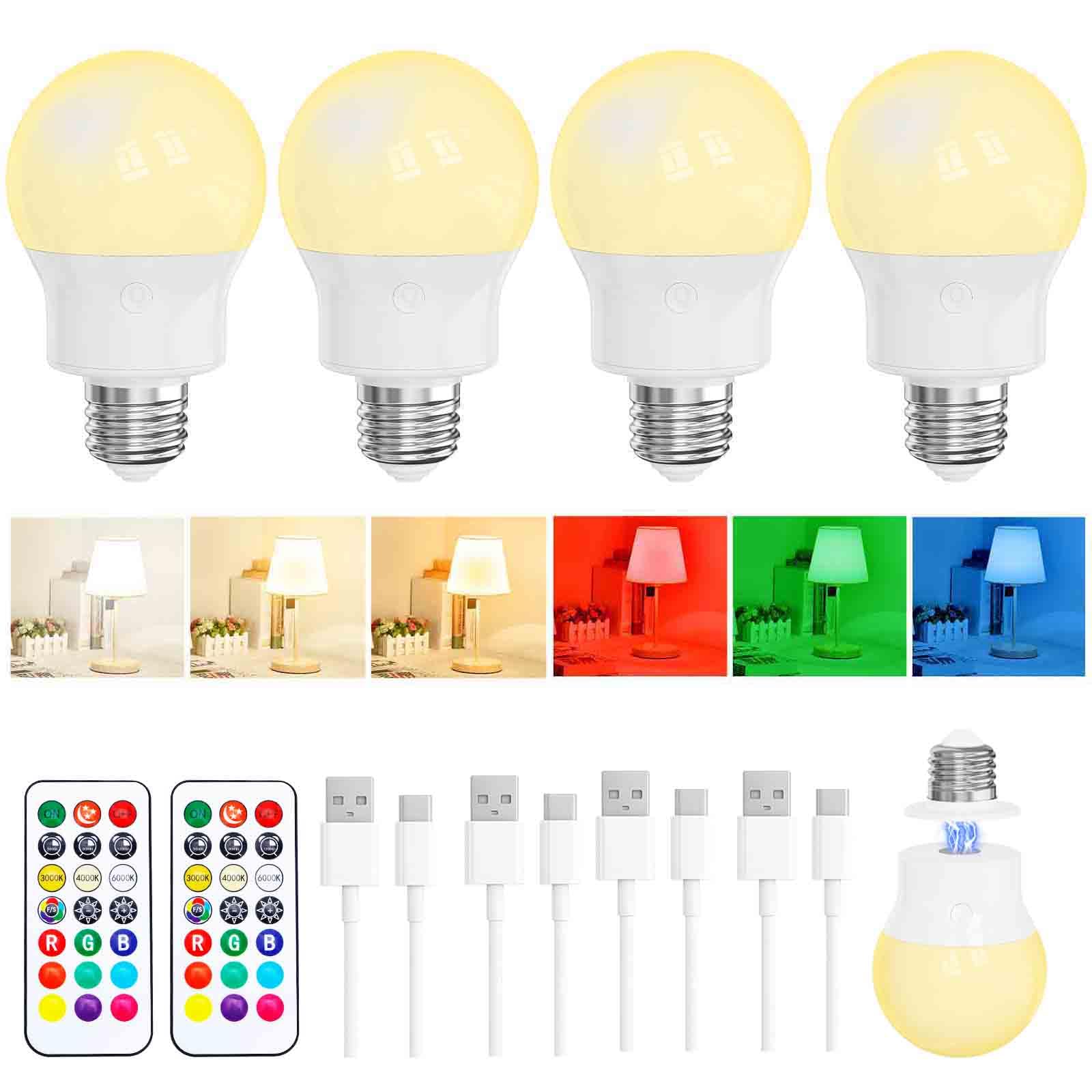 Rechargeable LED Light Bulbs with Remote, Dimmable Magnetic E26 Battery Operated Light Bulb, 12 RGB Colors, 480LM 40W Equivalent