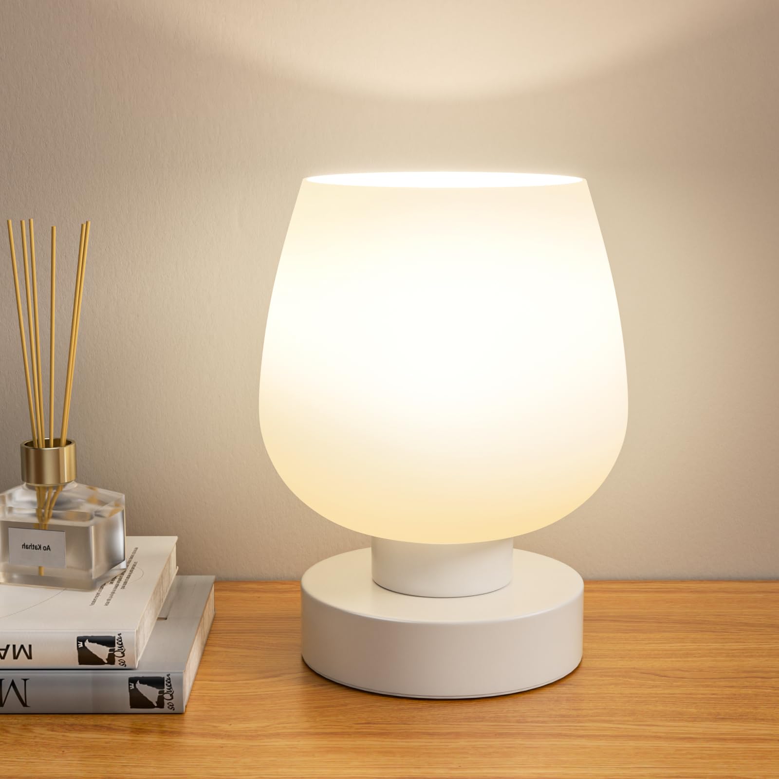 Touch Table Lamp For Nightstand - Small Bedside Lamp For Bedroom Living Room Night Stands, Desk Lamp With White Glass Shade For 