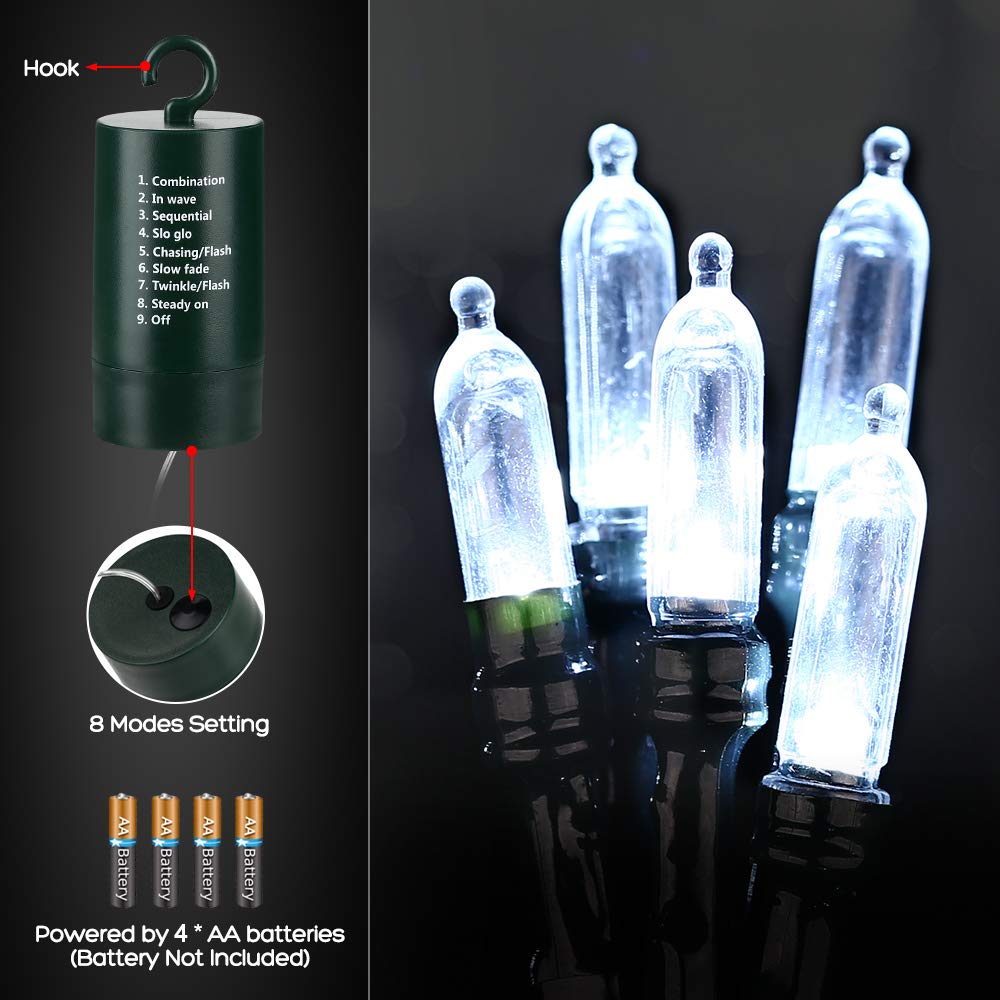LYHOPE Battery Operated Christmas Lights, 100 LED, 33ft, Waterproof, 8 Modes, Cool White, Model JJMAHBL04