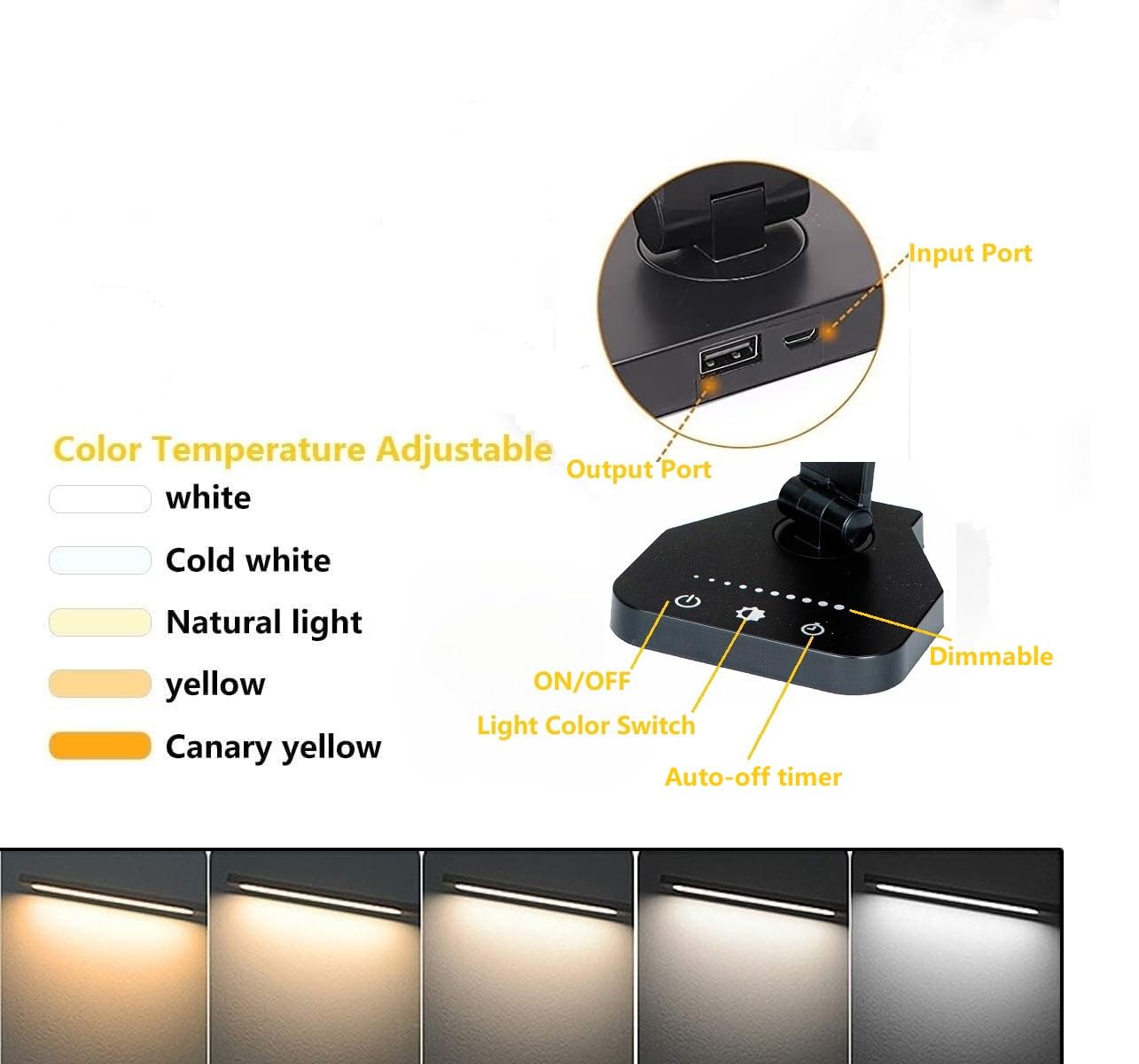 Amis Direct Led Desk Lamp Dimmable Table Lamp Reading Lamp With Usb Charging Port, 5 Lighting Modes, Sensitive Control, 30/60 Mi