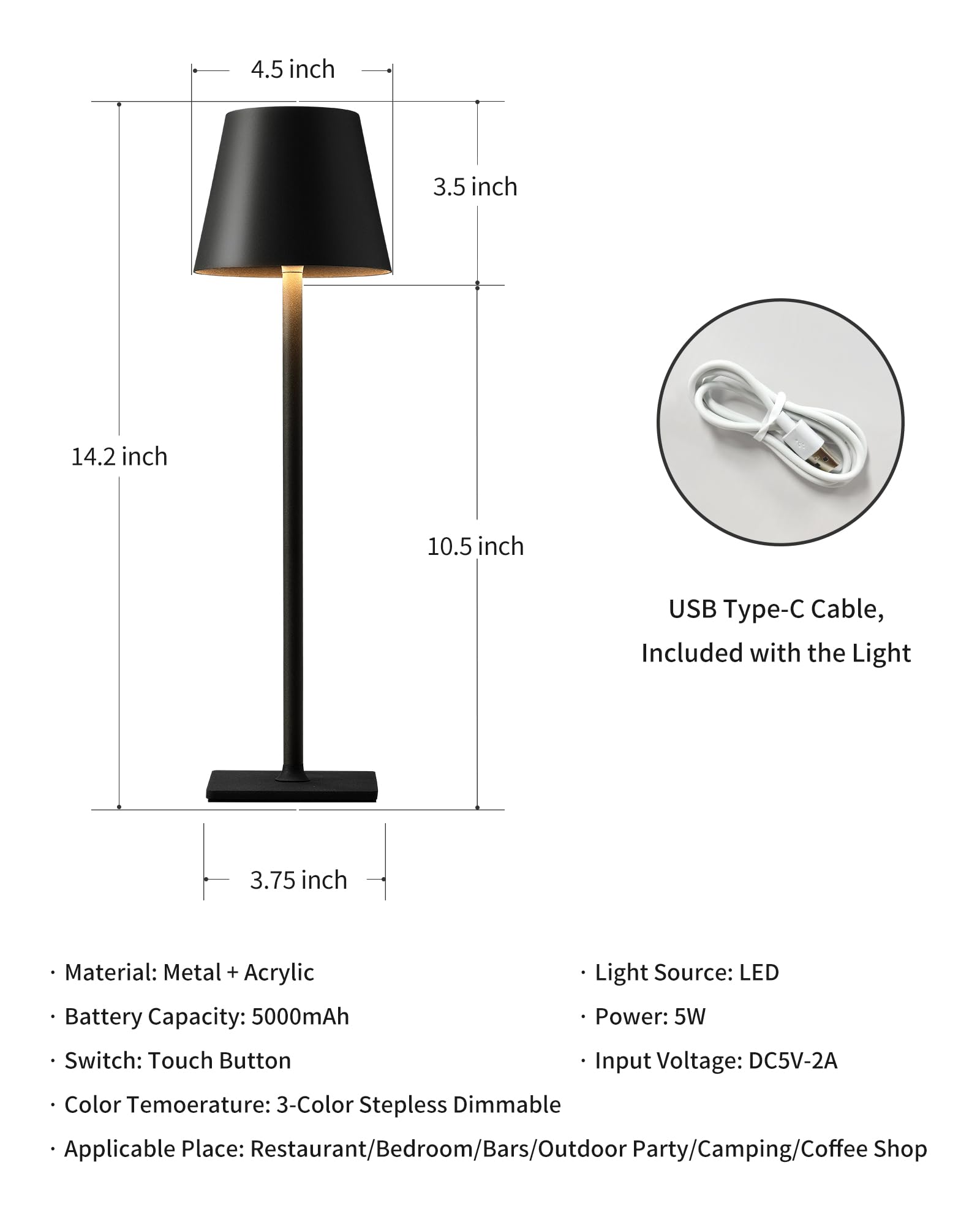 KDG Cordless Table Lamp - Portable LED Desk Lamp, 14.2" Black, 5000mAh Battery, 3 Color Stepless Dimming for Indoor/Outdoor Use