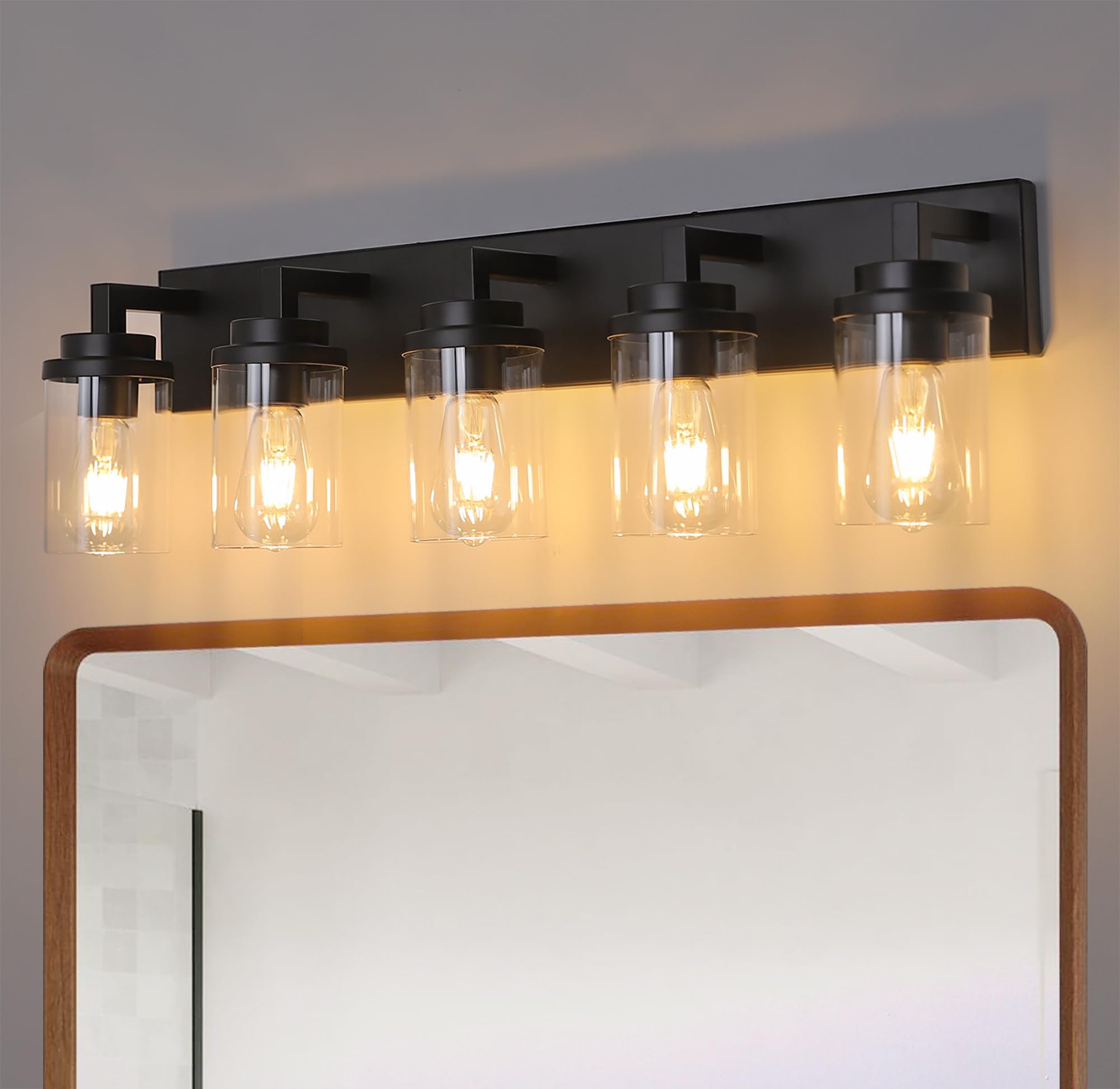 MELUCEE 5-Light Black Bathroom Light Fixtures with Clear Glass Shade, Black Vanity Lights Industrial Wall Mount Light for Bathro