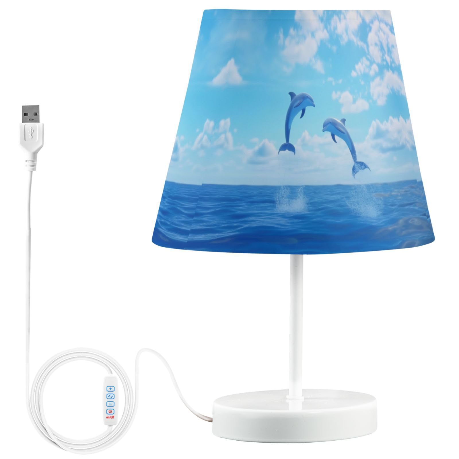 Peystean 3-Color Dimmable LED Table Lamp, Cute Dolphins Jumping Out of Ocean Large 12 High Bedside Nightstand Light with USB Por