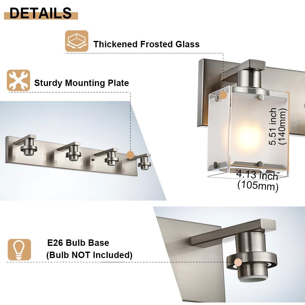 WINSHEN Modern 3-Lights Brushed Nickel Vanity Light Fixture with Frosted Glass Shades, Metal, Model 3WSN-XOTFZO