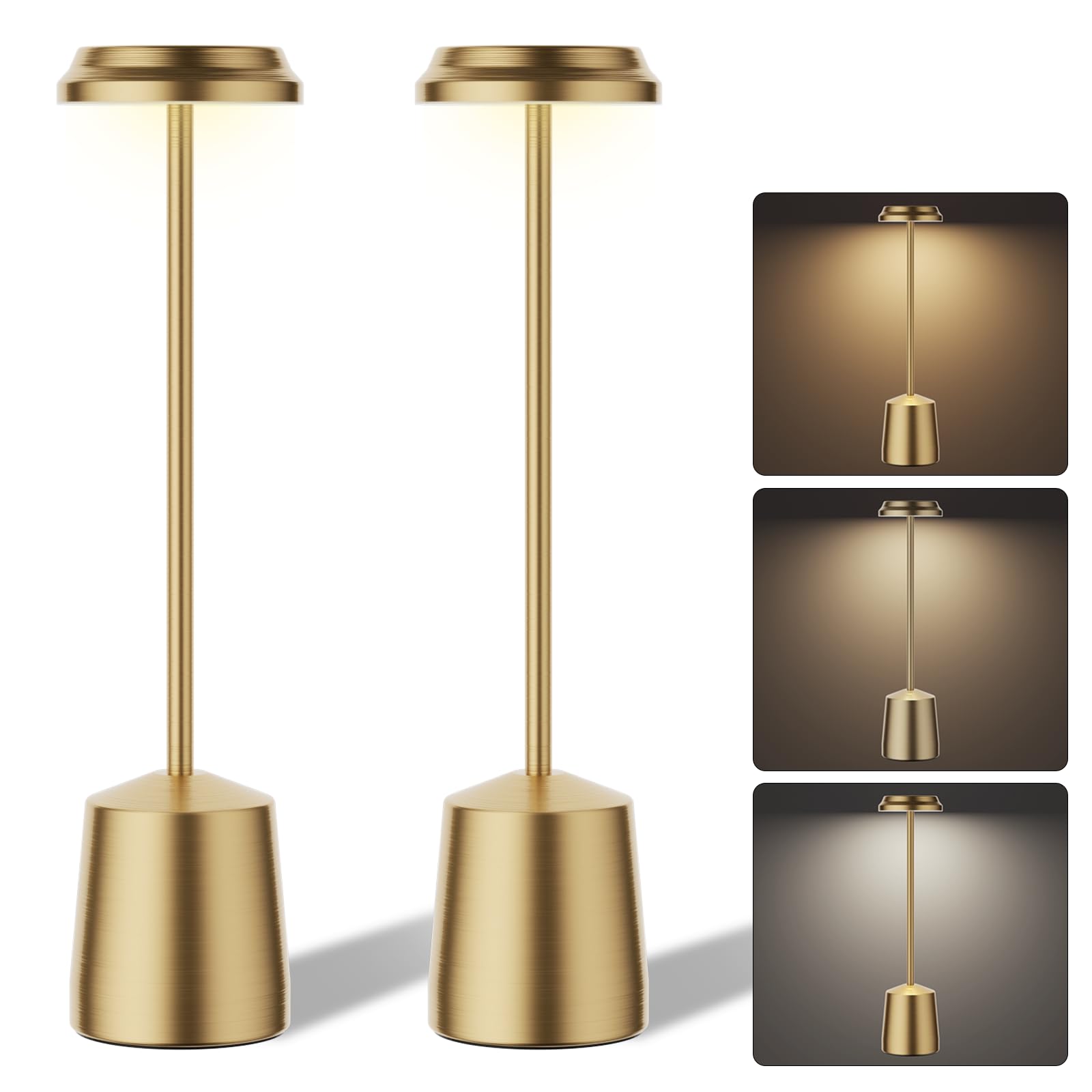 Aluminum Led Cordless Gold Table Lamps Set Of 2, Portable Rechargeable 5000Mah Battery Operated Table Light, 3 Color Stepless Di