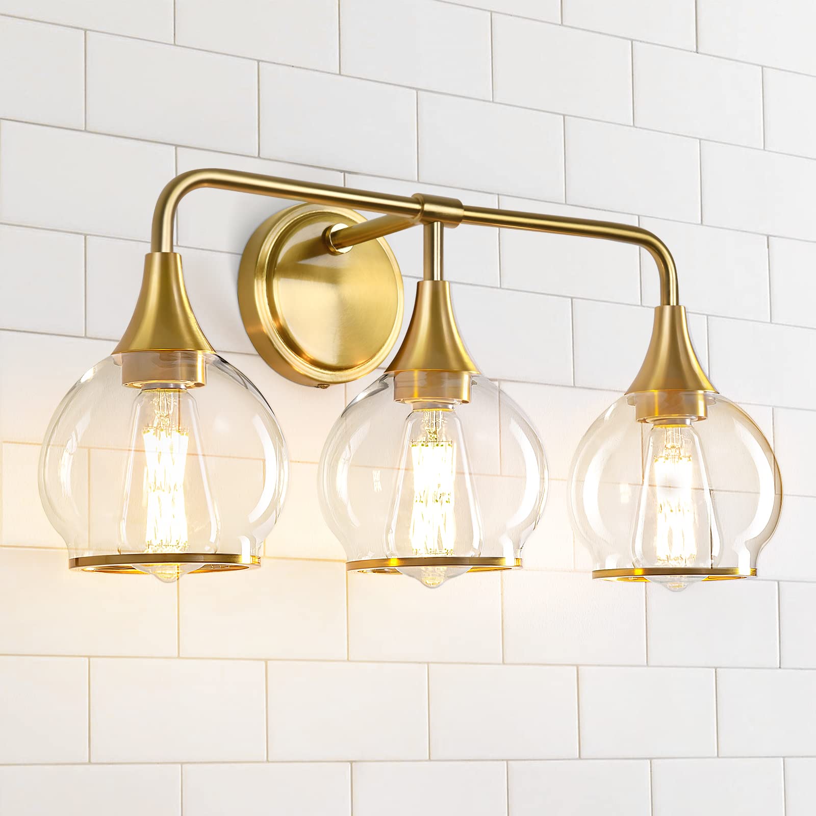 Hahzt Gold Bathroom Vanity Light 3-Lights Bathroom Light Fixtures Over Mirror With Clear Glass Shade 22.4 Inch Wall Sconce Light