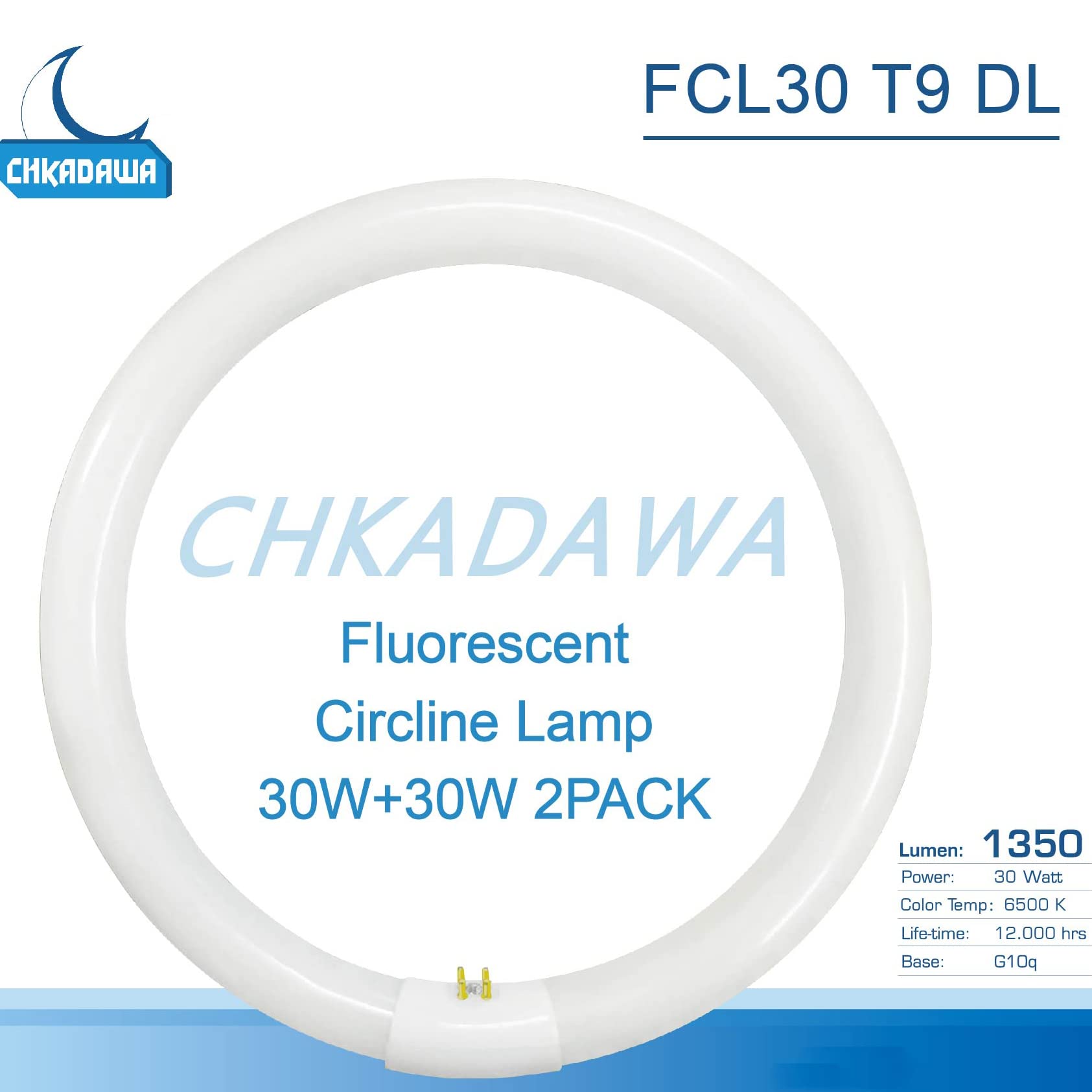 CHKADAWA 9-Inch T9 30W Circline Light Bulbs, Daylight 6500K, G10q 4 Pin Base, 2 Pack, White, Glass
