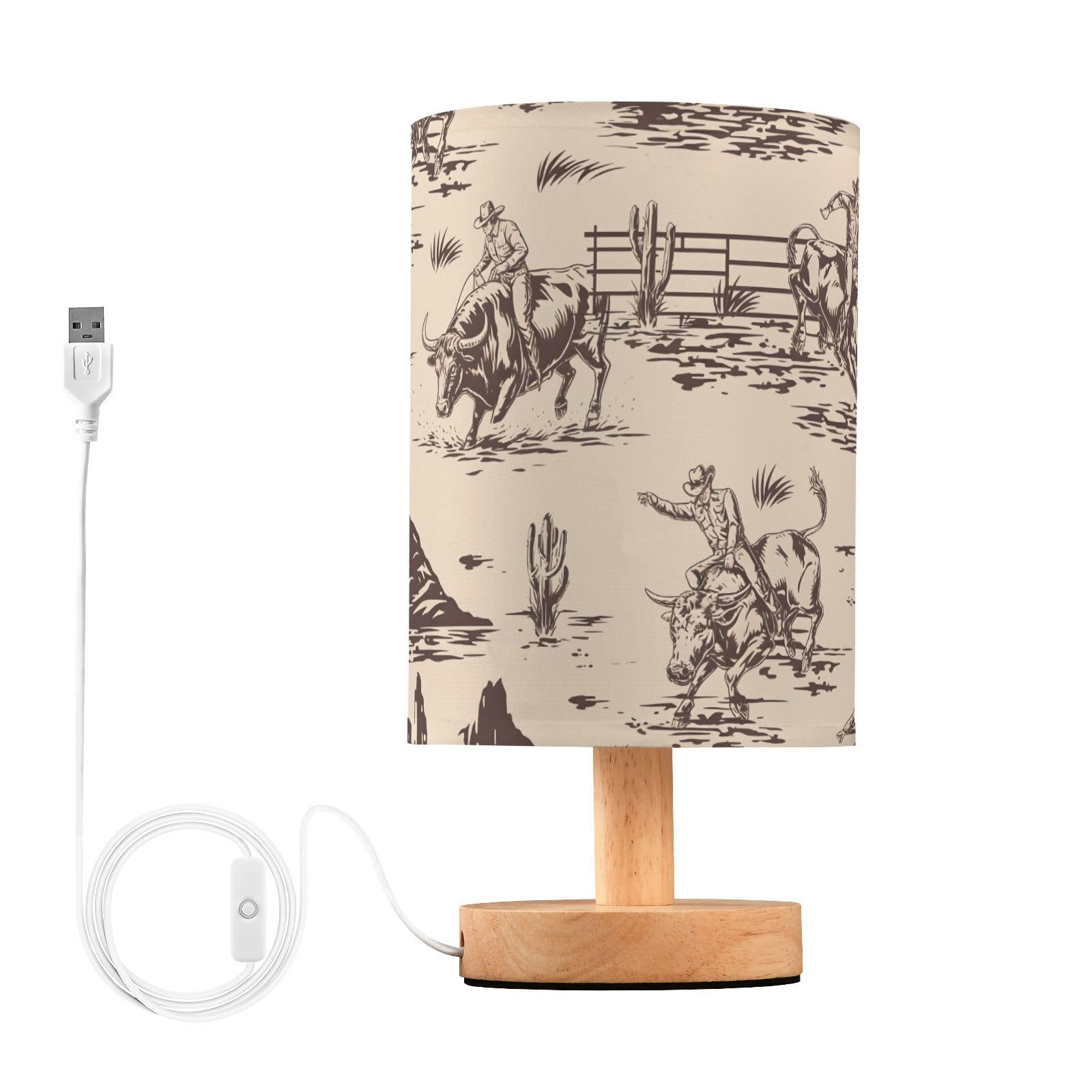 BOENLE Bedside Lamp West Cactus Cowboy Table Lamp for Bedroom LED Nightstand Lamp Shade USB Ports Wood Base for Living Room Dorm