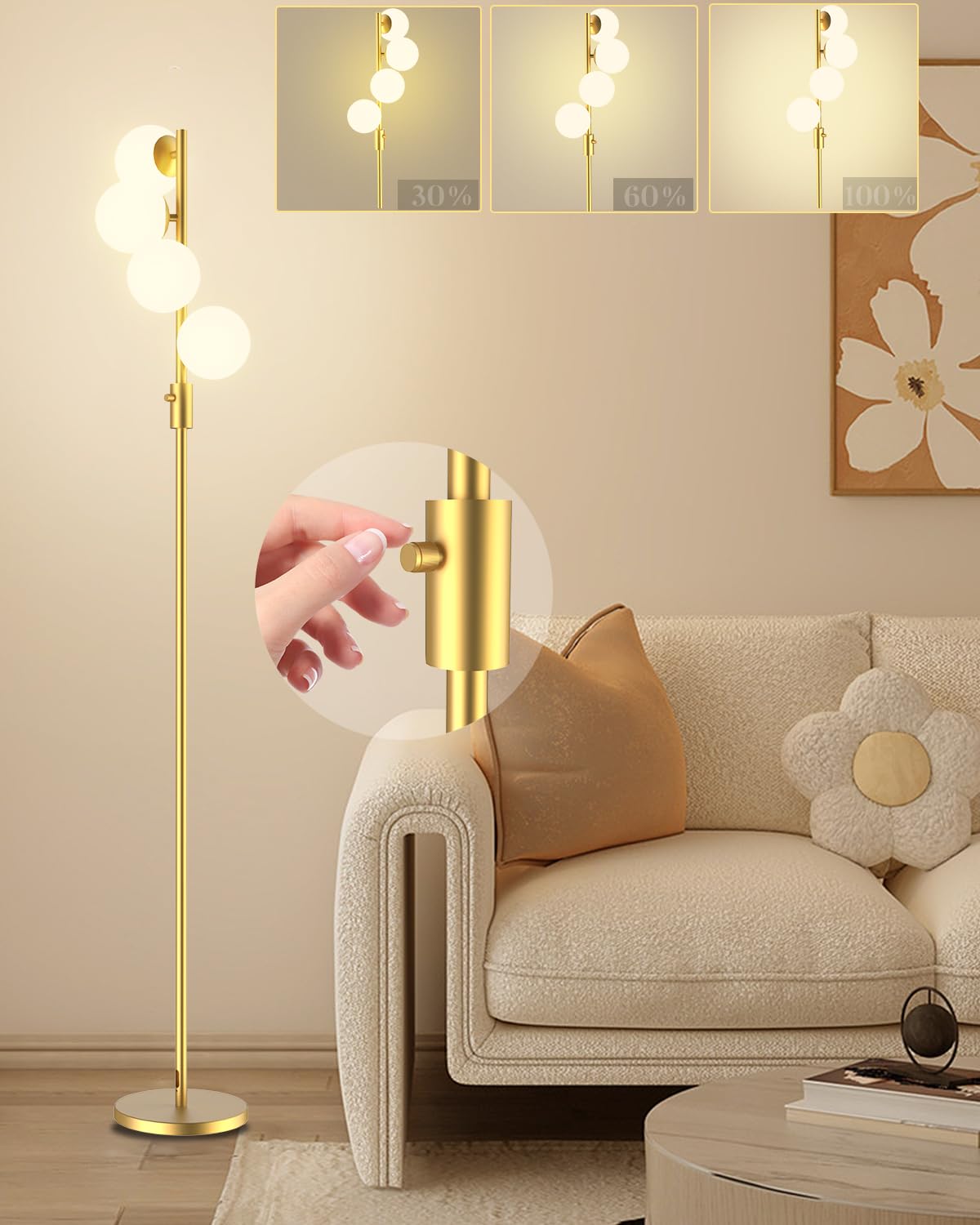 Lightdot Globe Floor Lamp, Dimmable 64IN, Gold, Metal, Includes 4 G9 Bulbs, Mid Century Modern Design