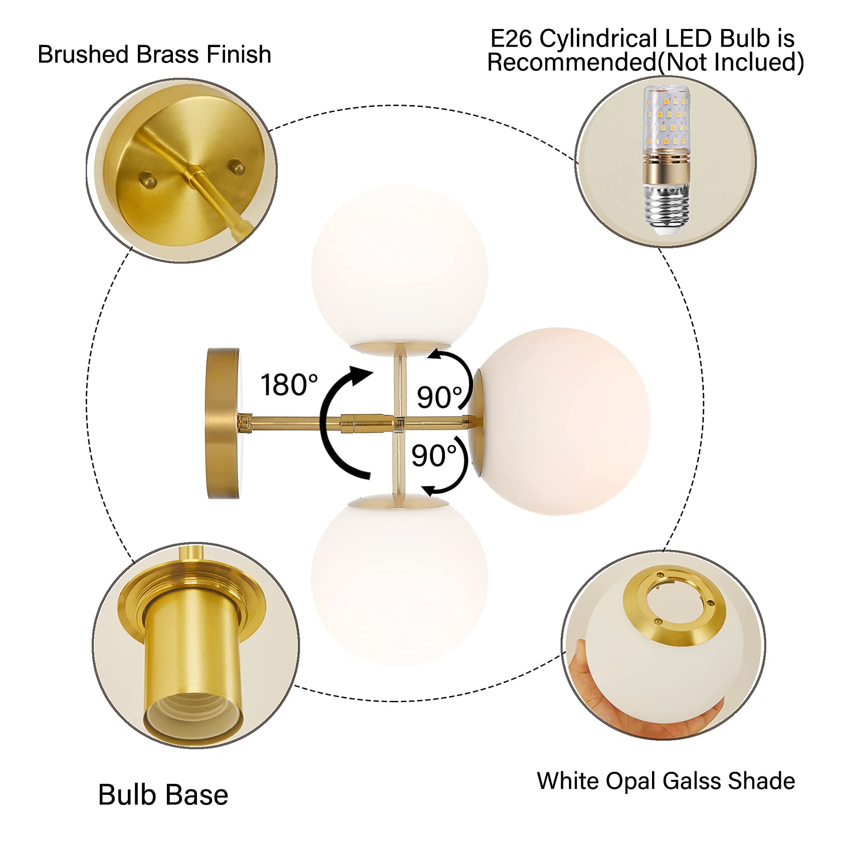 Baoden Modern Wall Sconce Industrial Mid Century Bathroom Vanity Wall Light With White Globe Glass Lampshade Brushed Brass Finis