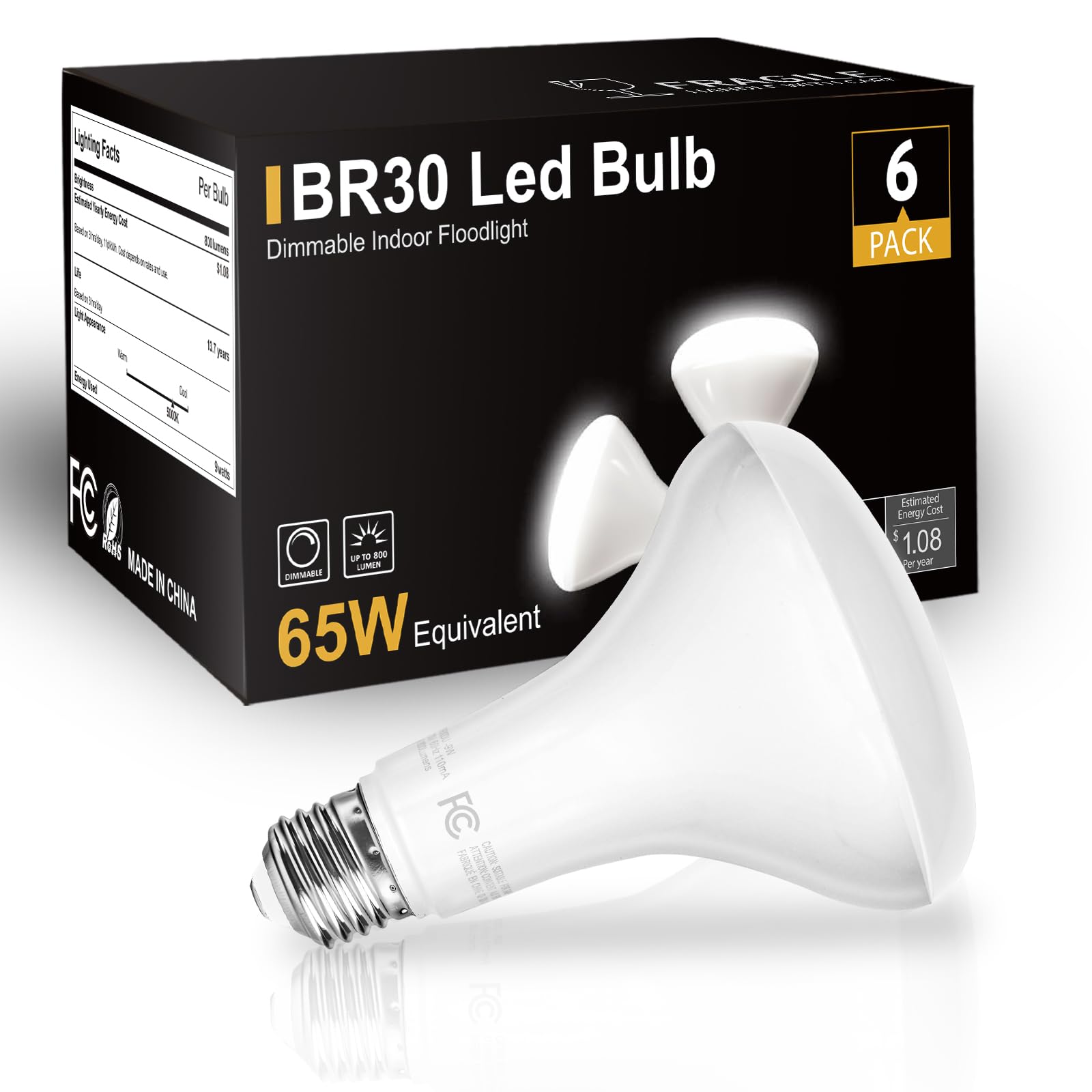 Dalattin 12 Pack Br30 Led Bulbs 65W Equivalent, Dimmable Indoor Flood Lights 5000K Daylight White, 9W, 800 Lumens, E26 Base, Led