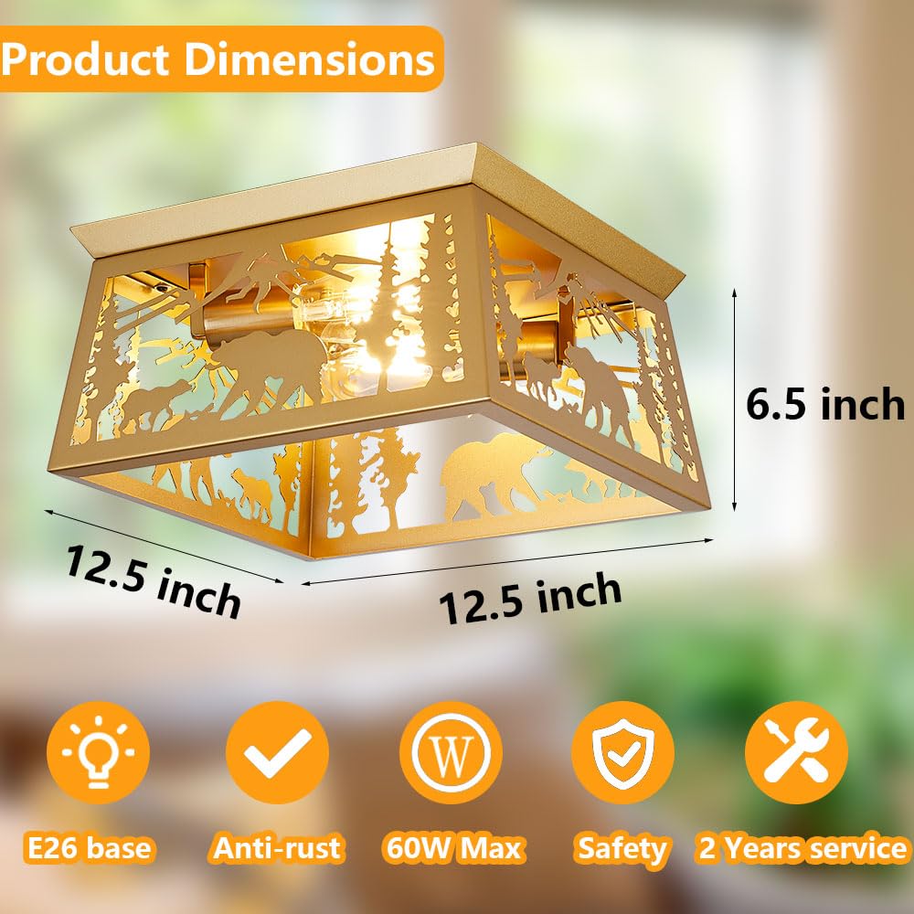 Gold Bear Lamp, Log Cabin Semi Flush Mount Ceiling Light Rustic Modern Farmhouse Golden Bear Light For Bedroom Entryway Living R