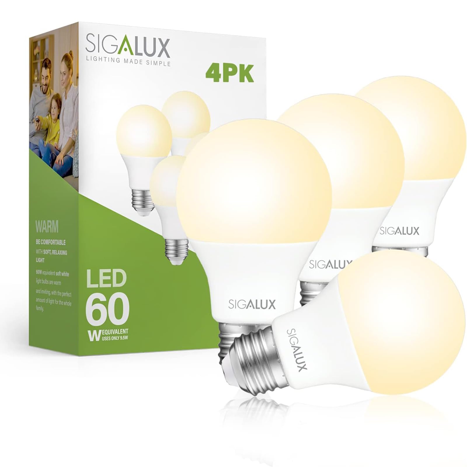 Sigalux LED Light Bulbs A19 60W Equivalent 9.5W Soft White 2700K 800 Lumens E26 Base 4 Pack