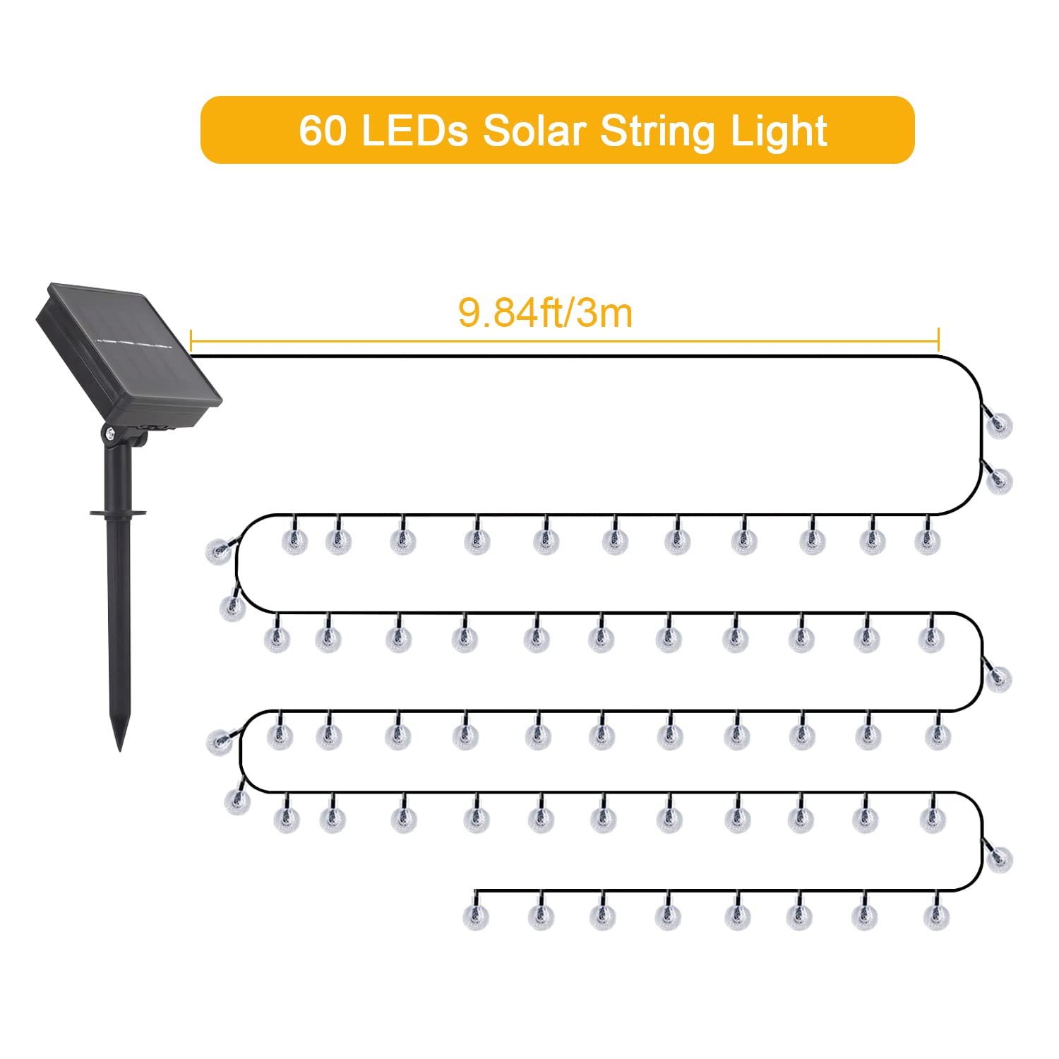 Onstuy 36Ft Solar String Lights, 60 Leds Multicolor Crystal Globe, 8 Modes, Waterproof For Outdoor Decor