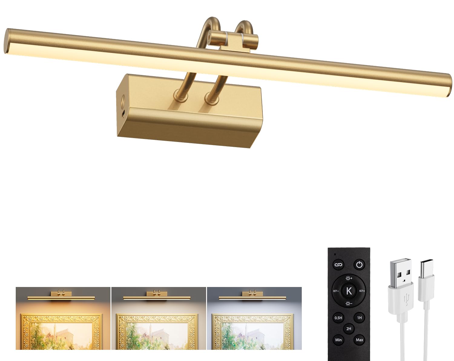 Battery Operated Picture Light for Wall  4000mAh Cordless Wall Lamp for Discomfortting Photo Artwork   Remote Control  Magnetic for Easy to Charge Timers  13.8 Display for Gallery Living Room Bedroom Gold