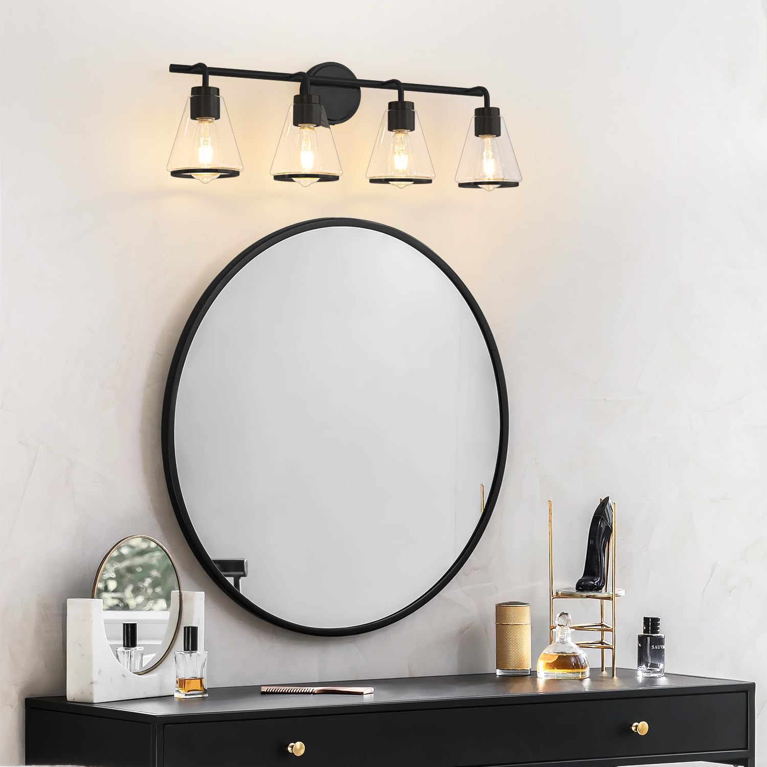 Nadosa Black Bathroom Light Fixtures 4 Light Bathroom Vanity Lights Over Mirror With Clear Glass Shade, 30 Inch Vanity Lights For Bathroom Modern Wall Sconce Lighting (Exclude E26 Bulb)