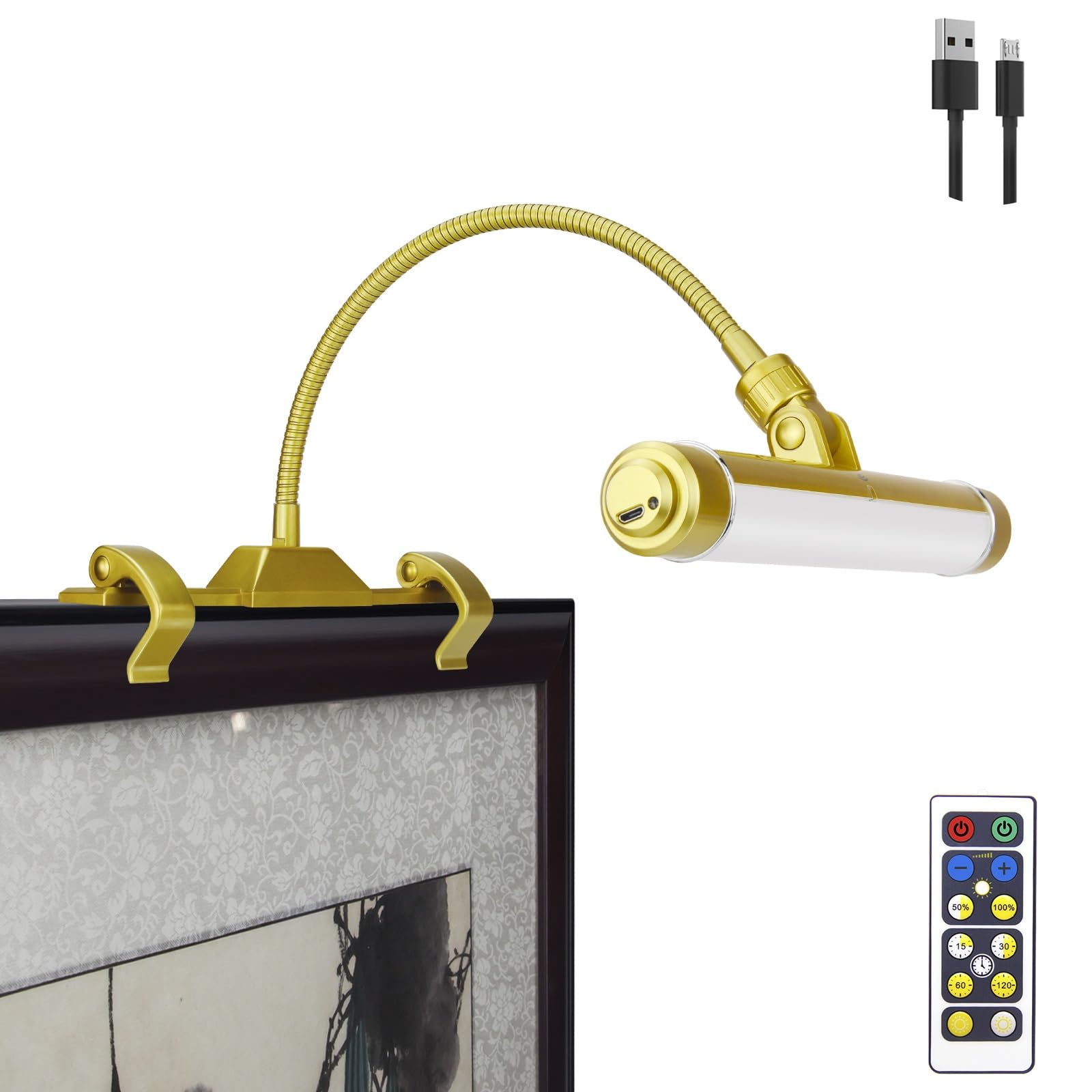 LUXSWAY Wireless Picture Frame LED Light, Rechargeable Art Display, Flexible Neck, 28 LEDs, 200LM, Gold, Model DY600YW-Gold-1