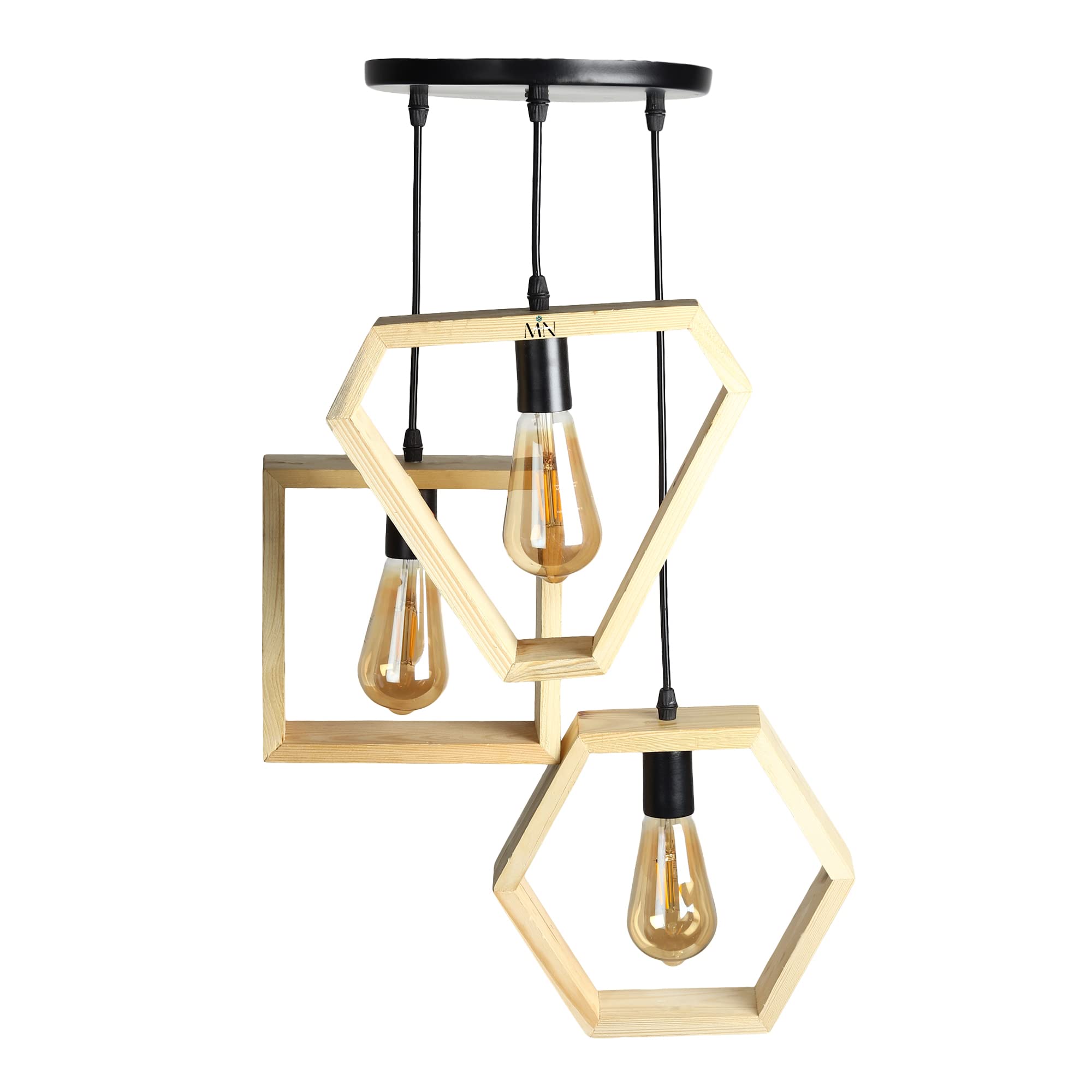 M.N.LITE Wooden Head Simple 3 Different Design Hexagon Square Triangle Shape Pendant Light Lamp for Study, Coffee Shop (Brown)-M
