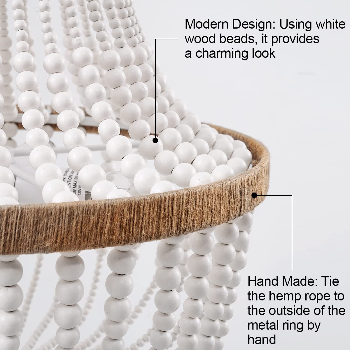 ELYCCUPA Wood Beaded Chandelier, 4 Lights, Rustic Pendant Light, 17" Round, White for Bedroom, Kitchen, Dining Room