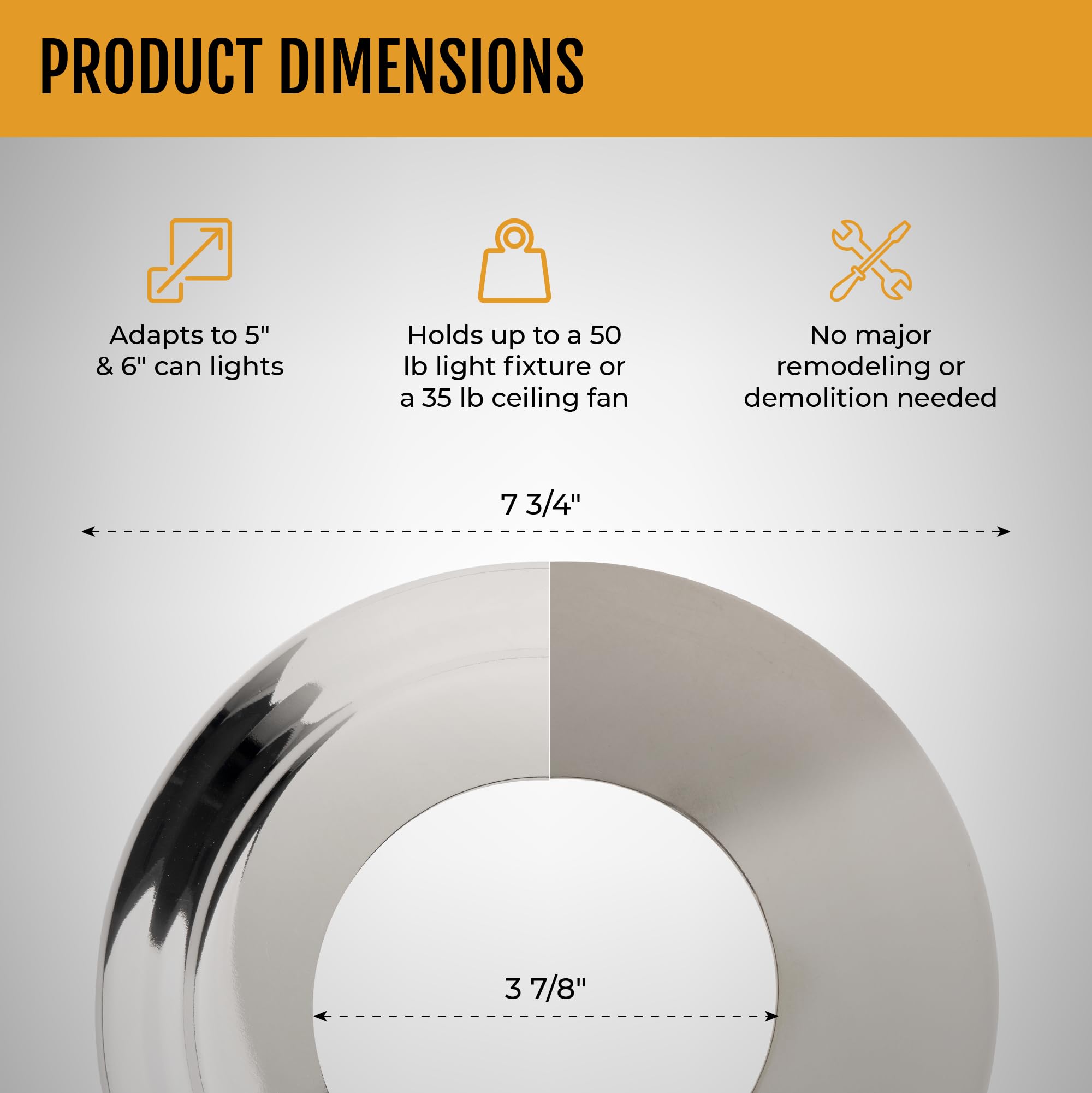 The Can Converter - R56, Complete Recessed Can Light Conversion Kit, For Ceiling Light Fixture, Pendant Light, Hanging Light, Ceiling Fan, 7¾ Beveled & Flat, Steel, Ceiling Medallion, Polished Chrome