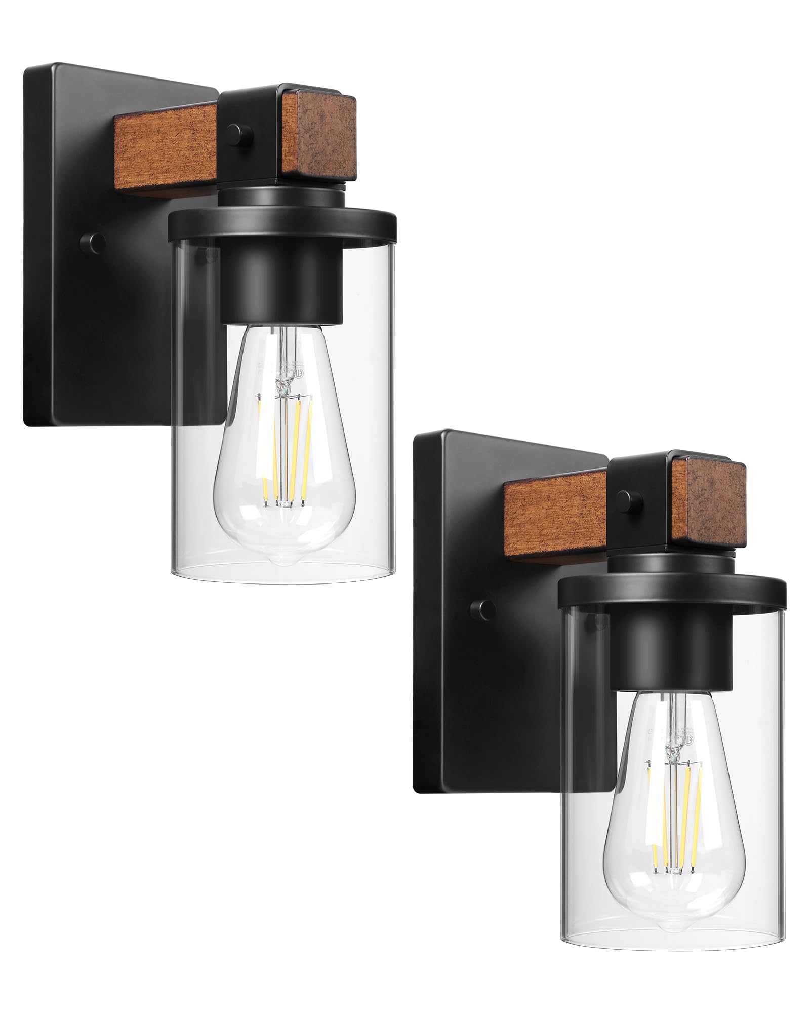 DEERINE 1-Light Wall Sconces Set of 2, Farmhouse Bathroom Vanity Light Fixtures, Wood Grain Black Wall Mount Light with Clear Gl