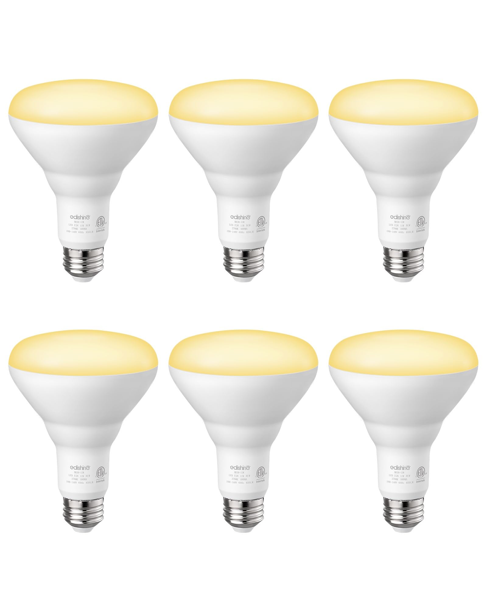 EDISHINE BR30 LED Bulb, Dimmable 11W Equivalent 65W, 850LM, 2700K Warm White, E26 Base, 6 Pack, ETL