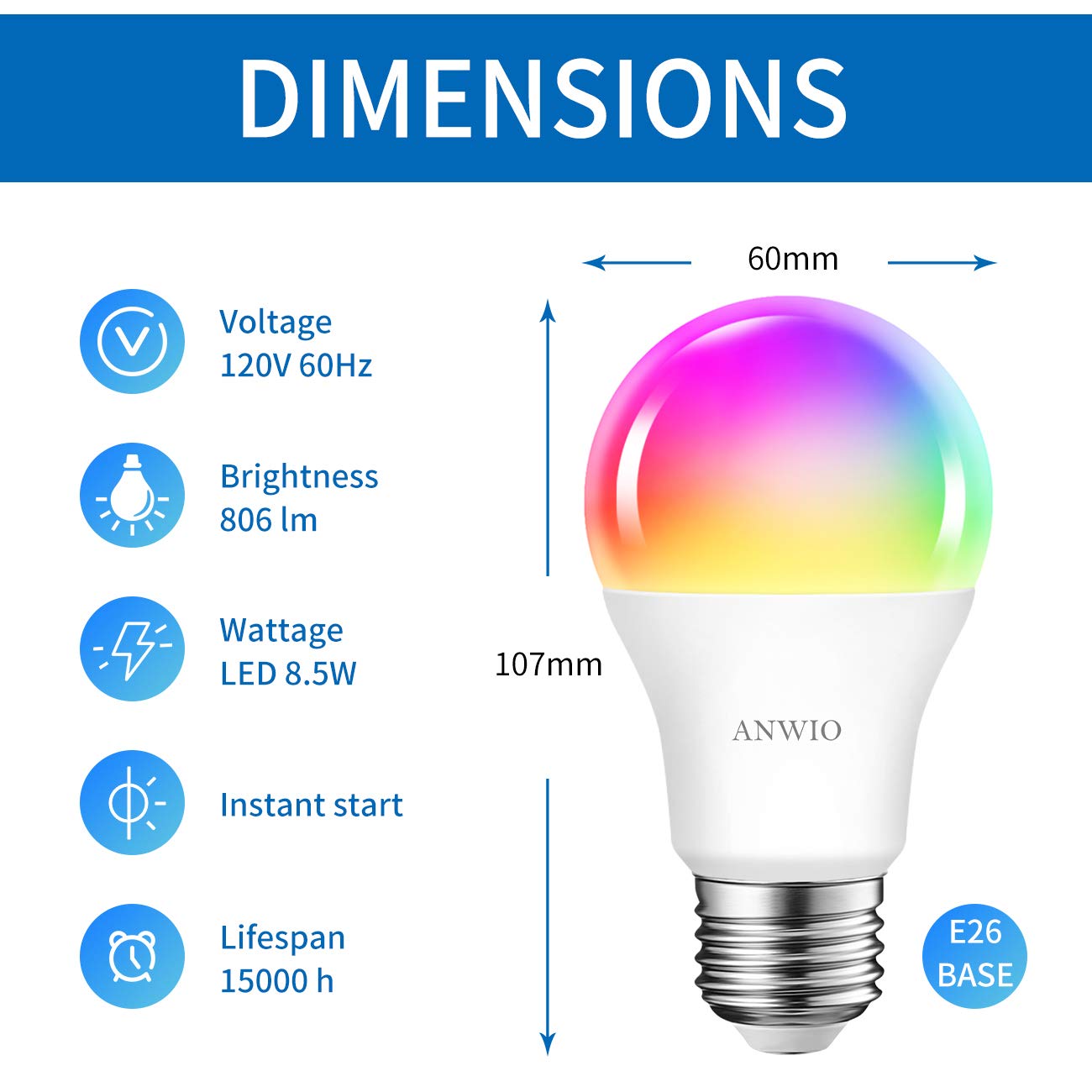ANWIO Smart Light Bulbs 4-Pack, 8.5W A19 E26 LED, Works with Alexa & Google Assistant, Color Changing, No Hub Required