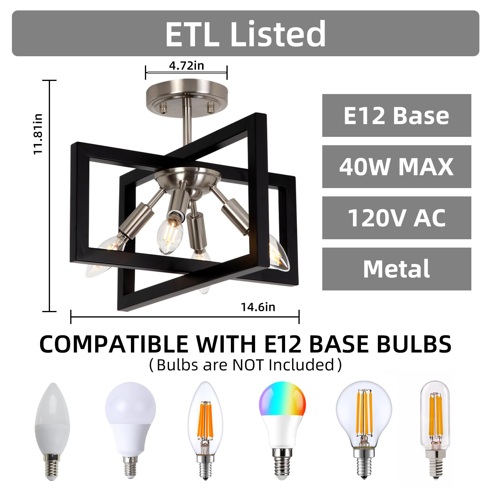 Minyuco Semi-Flush Mount Ceiling Light - Modern Industrial Light Fixture Black And Brushed Nickel Chandelier,4-Light Farmhouse C