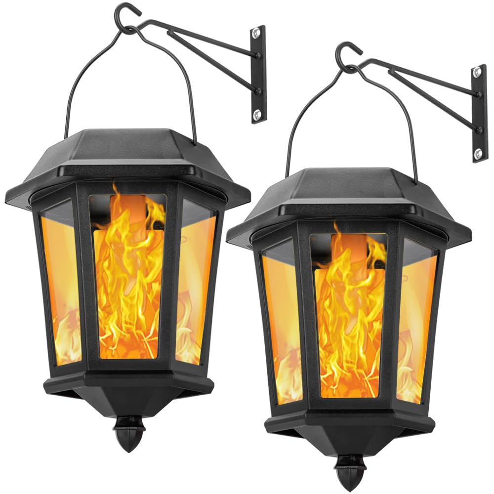 TEKLAPS Solar Lanterns - Waterproof Metal Hanging Lights, LED, 2 Pack, Flame