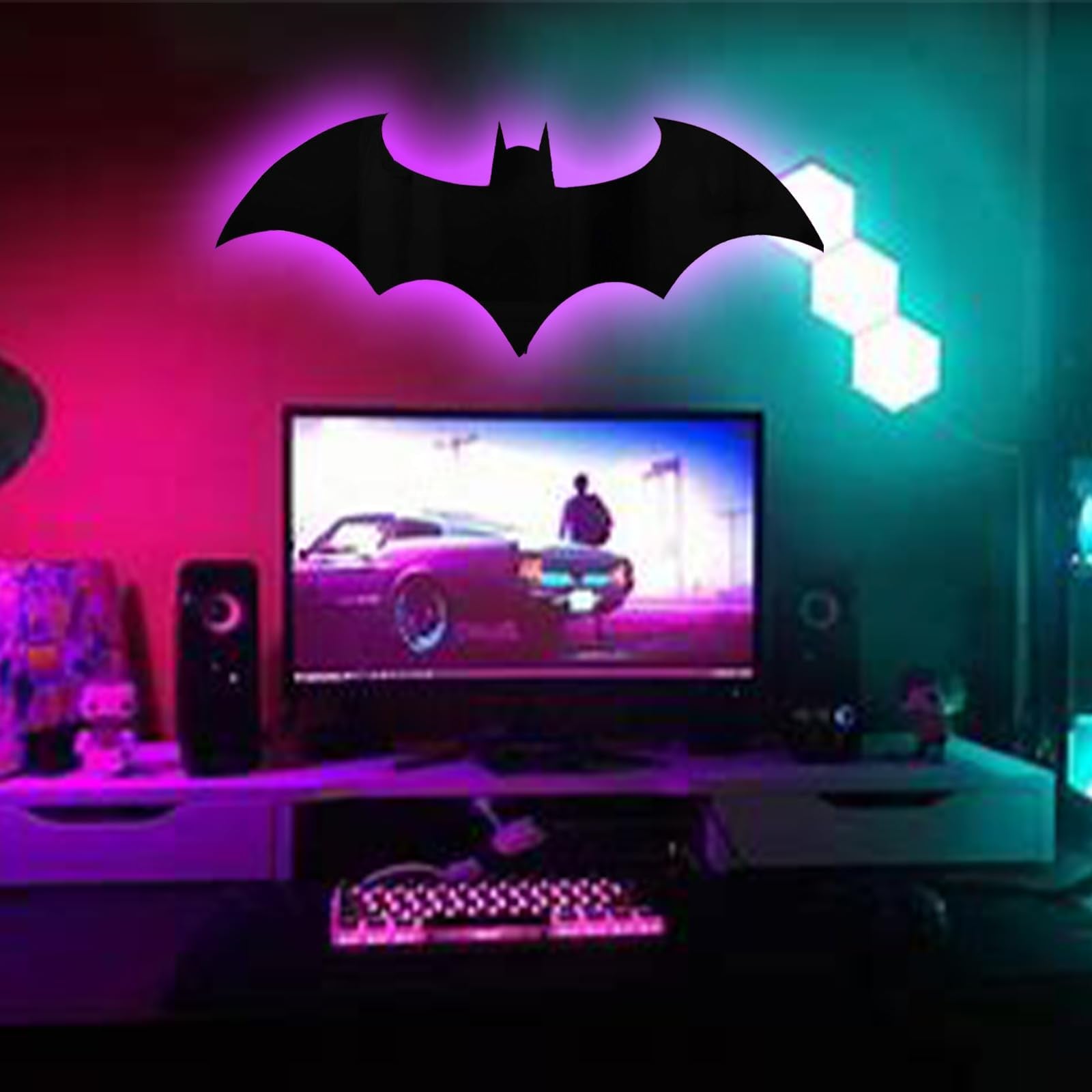 AKLOPE Superhero LED Wall Lamp - 16 Colors Remote Control, Acrylic, Mirror Finish, Model BAT EK0079